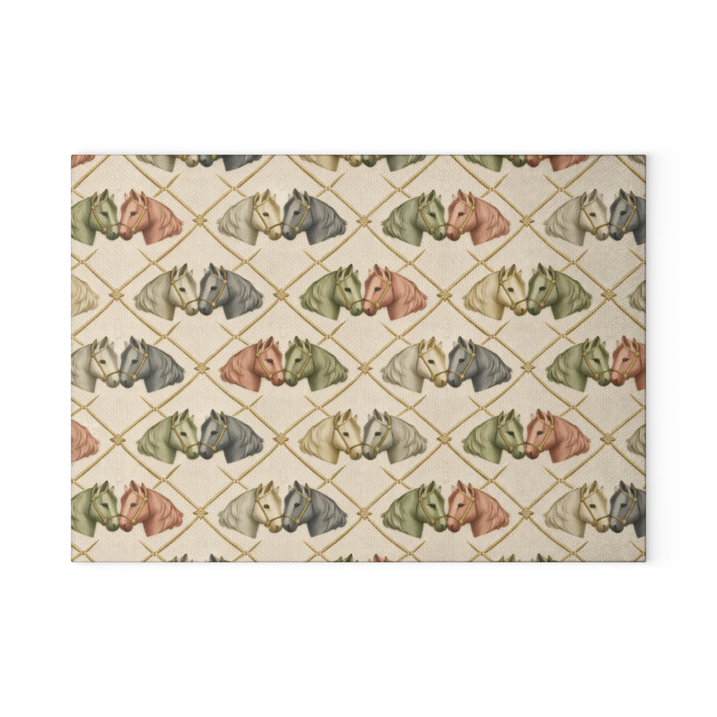 Glass Cutting Board — Diamond grid horses Pattern Soft Rustic Kitchen Decor