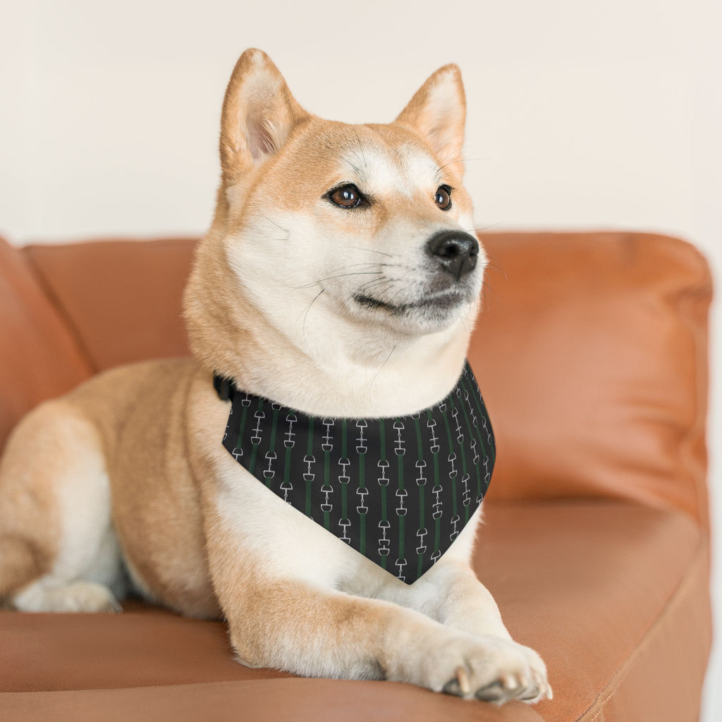 Pet Bandana Collar — Hunter Green Webbed Look Straps With Silver Horsebit Motif Pattern Dog Bandana Collar