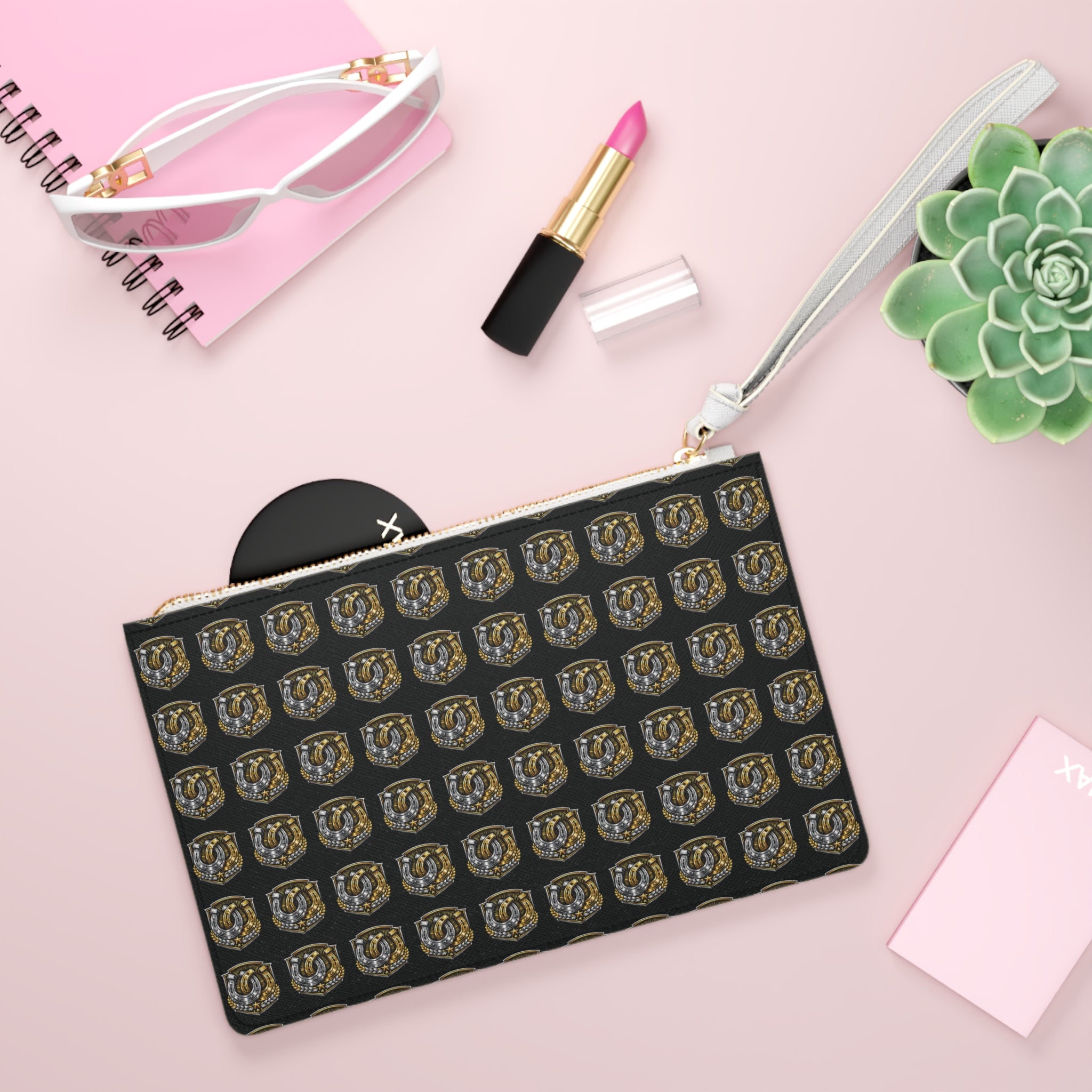 Horseshoe Crest Clutch Bag – Black & Gold Patterned Wristlet