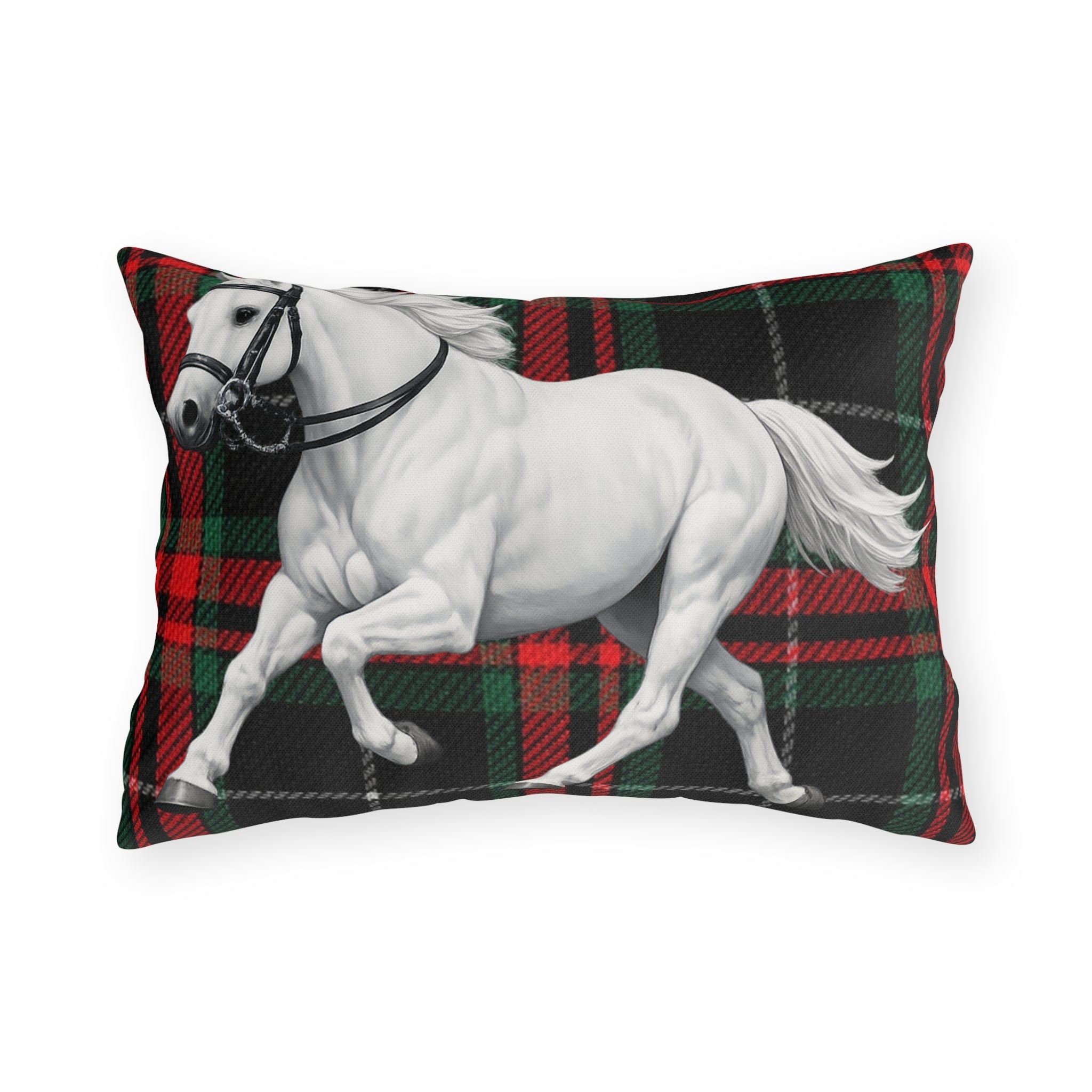 White Horse Plaid Outdoor Pillow  Red and Green Tartan Farmhouse Decor