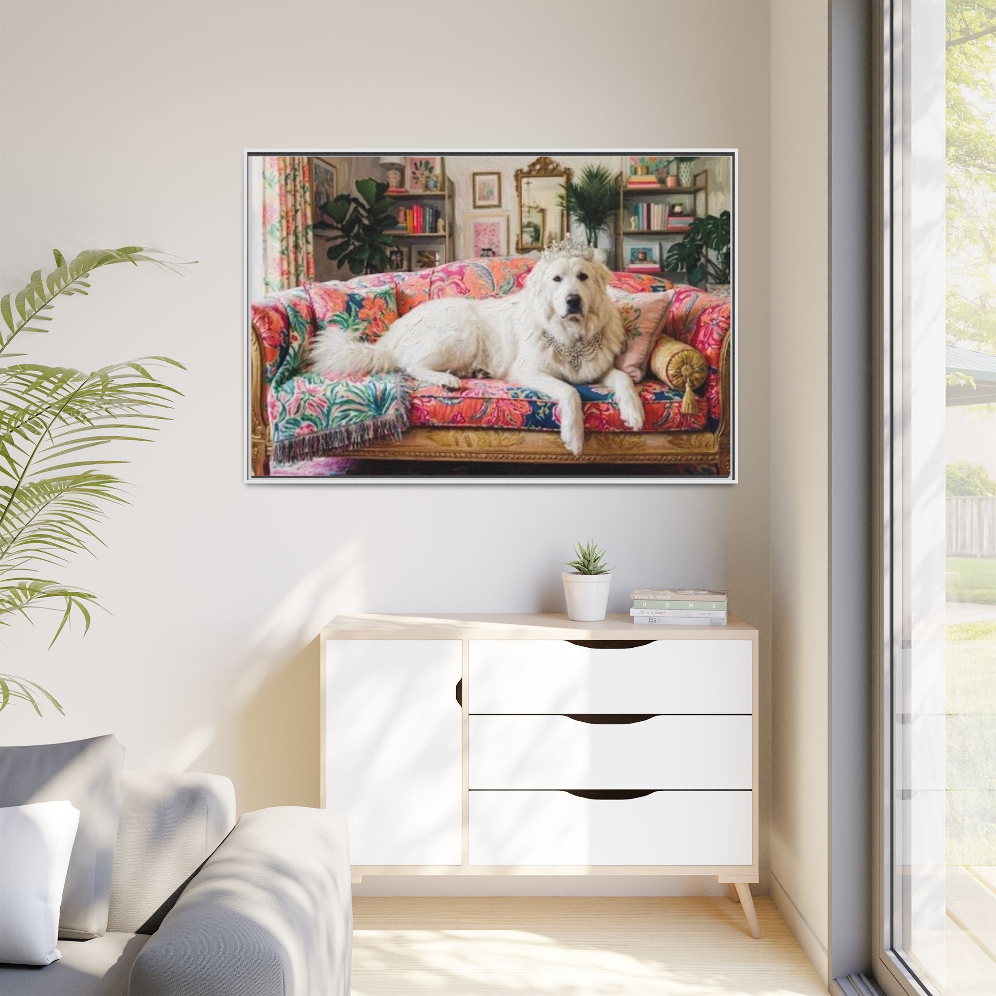 Framed Matte Canvas Regal Great Pyrenees presented in a whimsical lounge