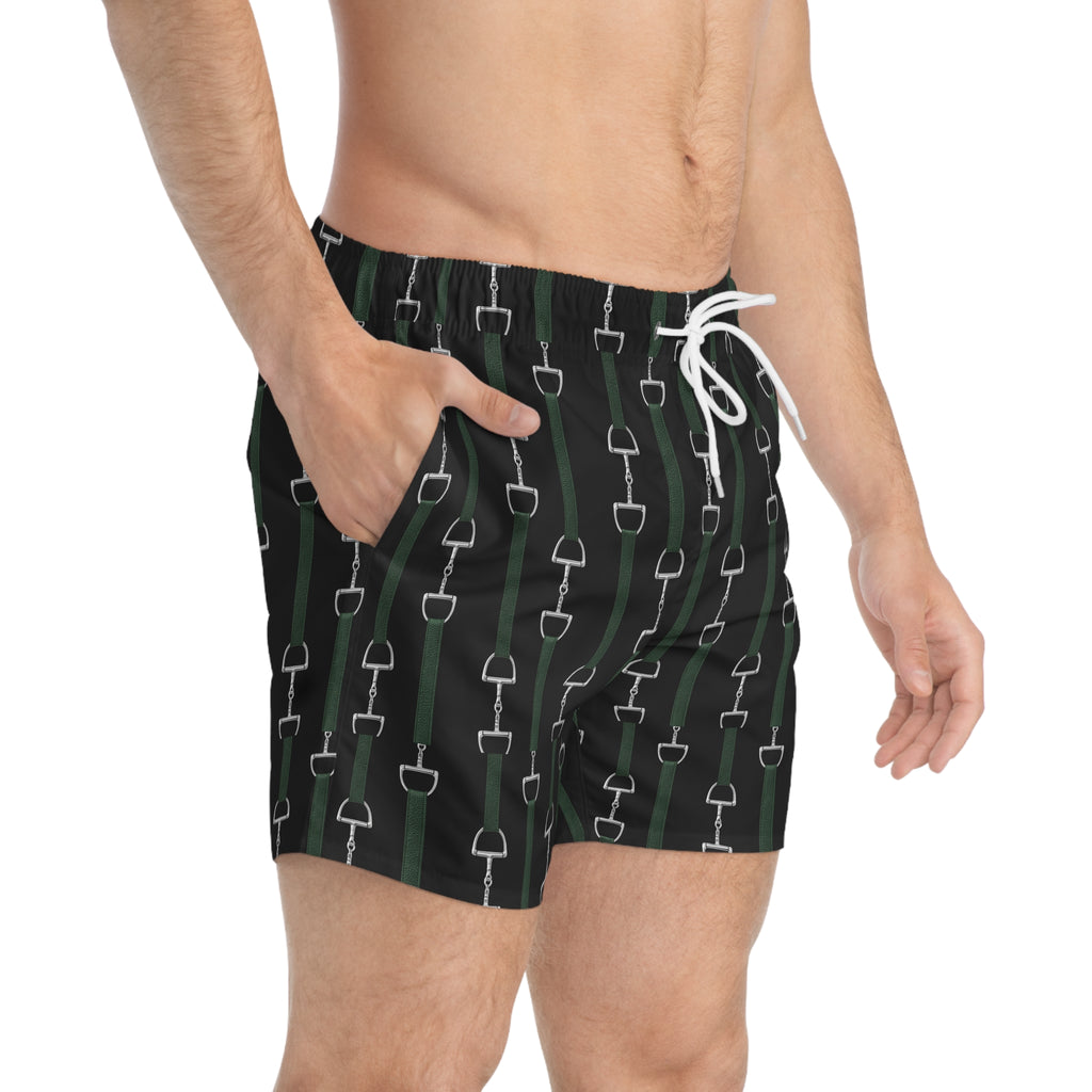 Mens Swim Trunks — Equestrian Bit Pattern (Black & Green)