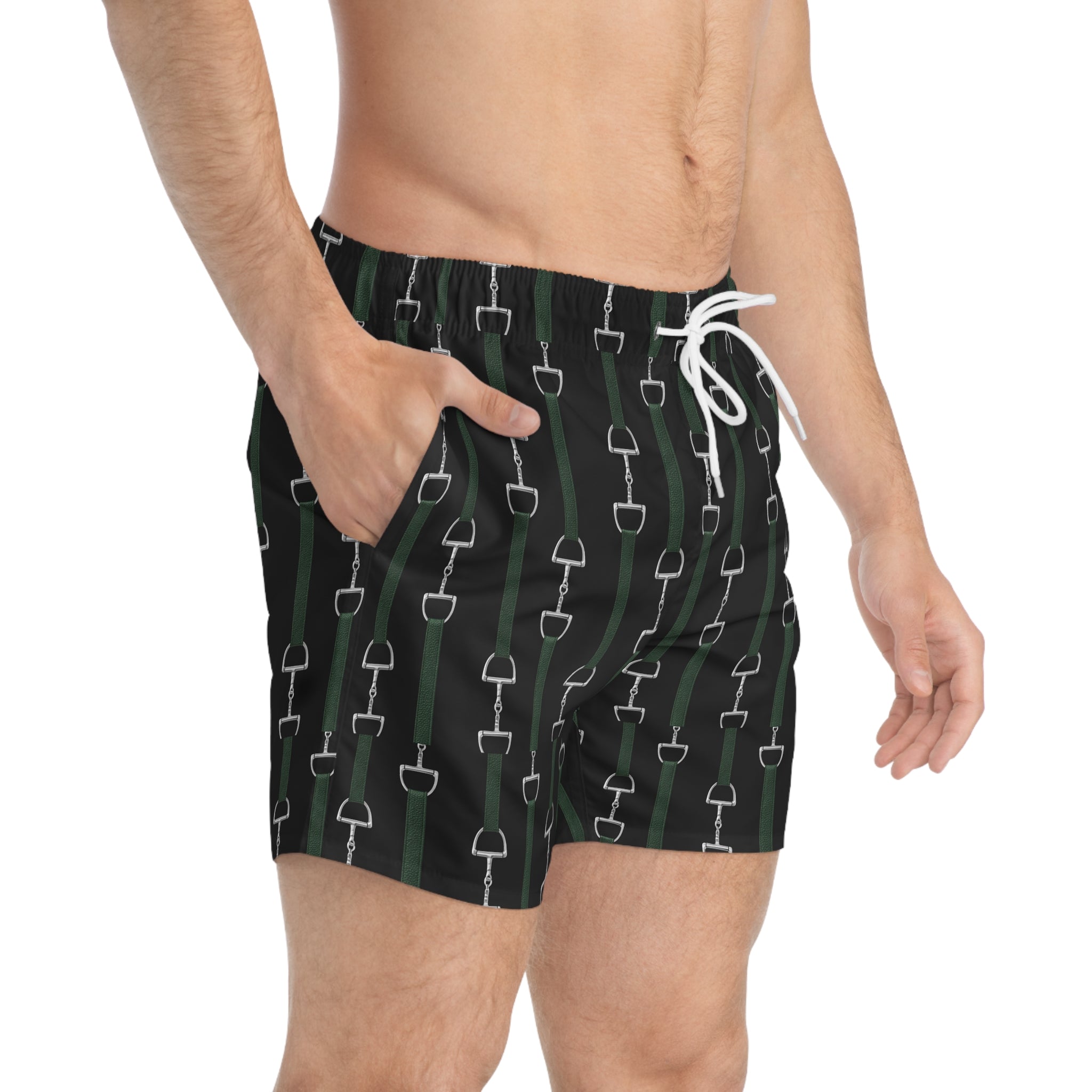 Mens Swim Trunks — Equestrian Bit Pattern (Black & Green)