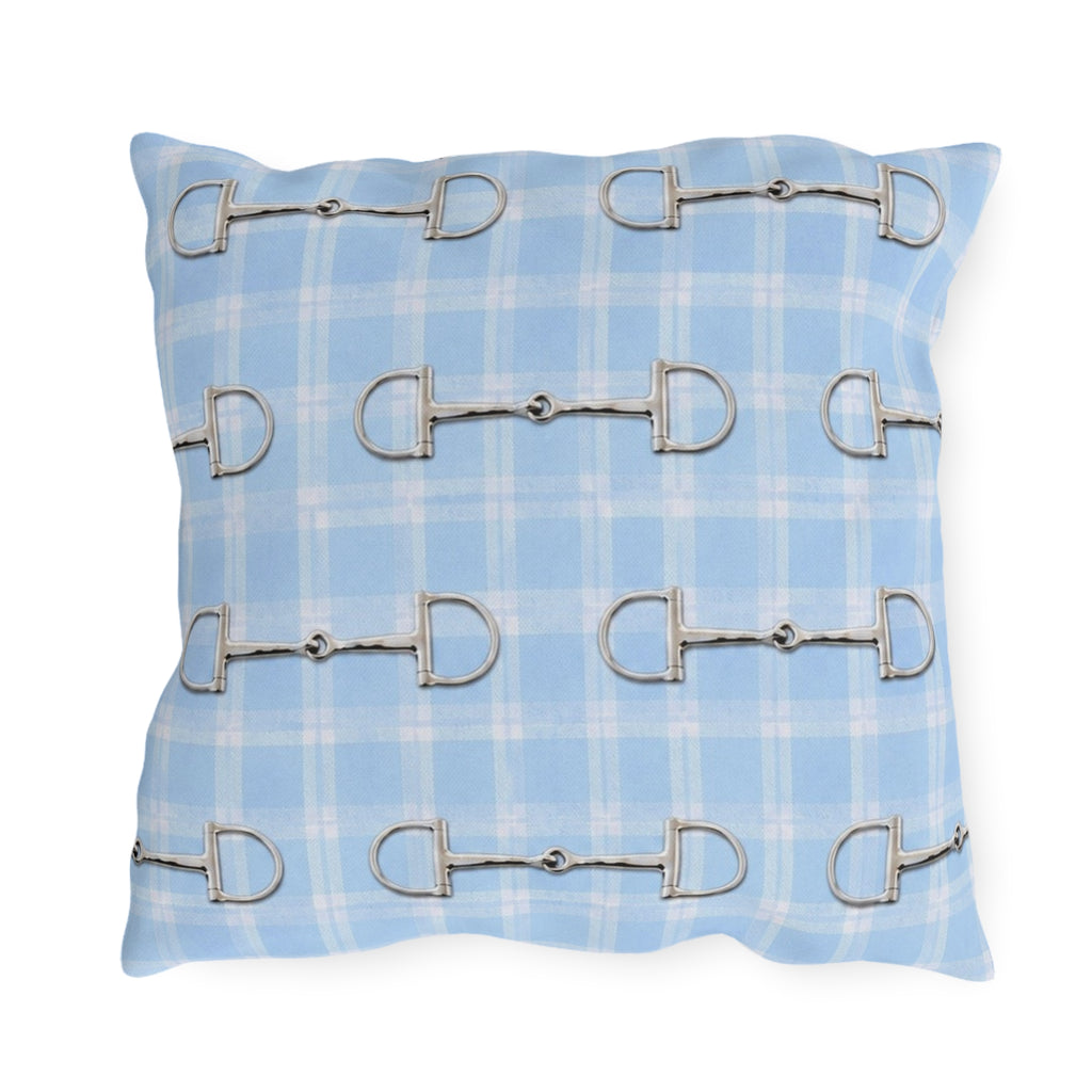 Baby Blue Plaid Horse Bit Outdoor Pillow