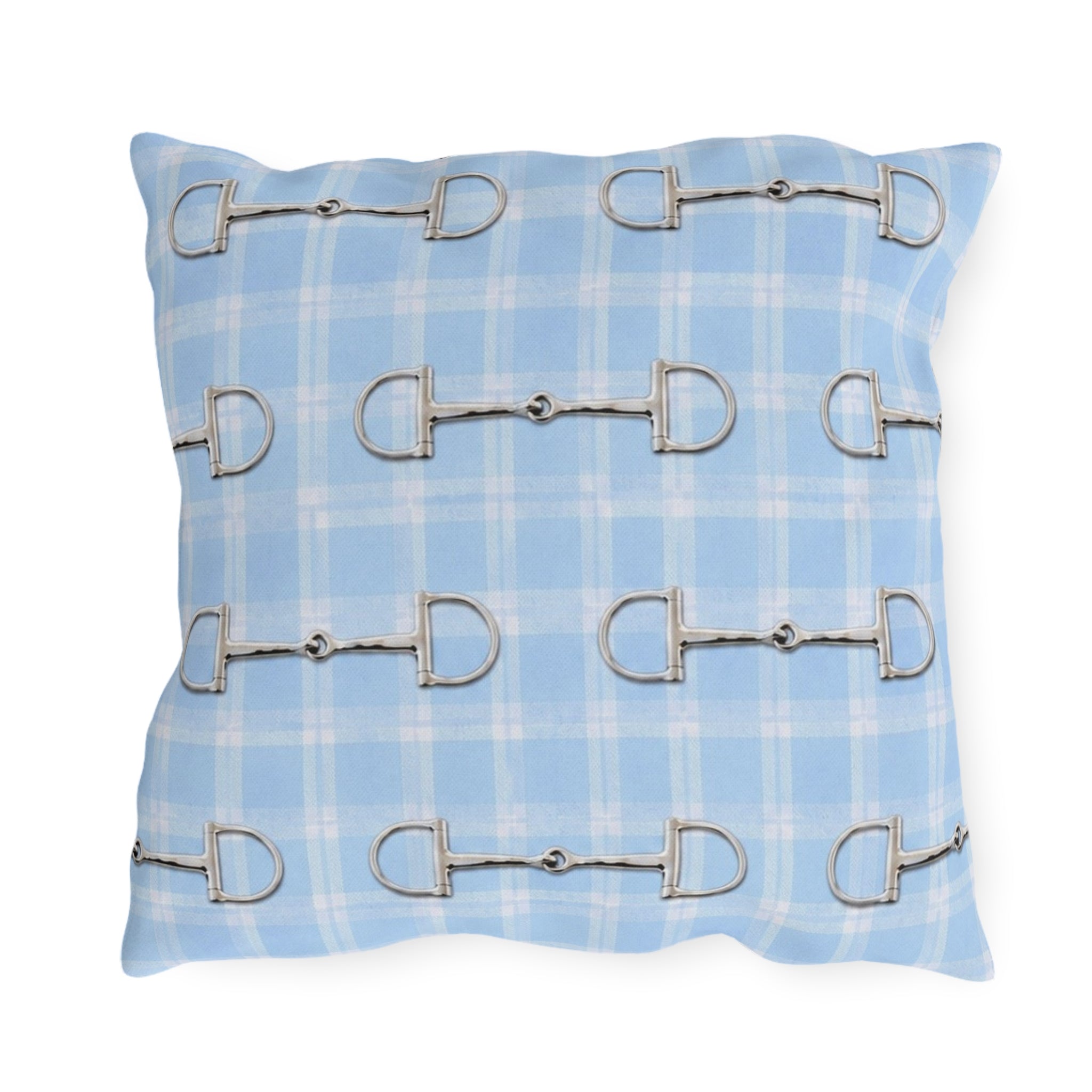 Baby Blue Plaid Horse Bit Outdoor Pillow