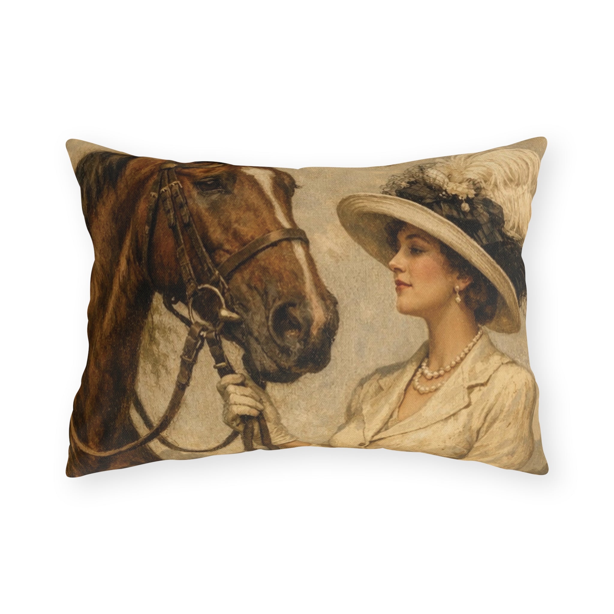 Vintage Equestrian Outdoor Pillow  Lady and Horse Art