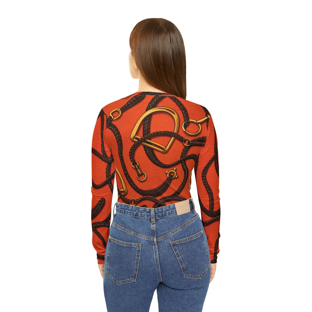 Women's V-Neck Long Sleeve Riding Shirt — Orange Gold and Dark Brown Leather Strap Print