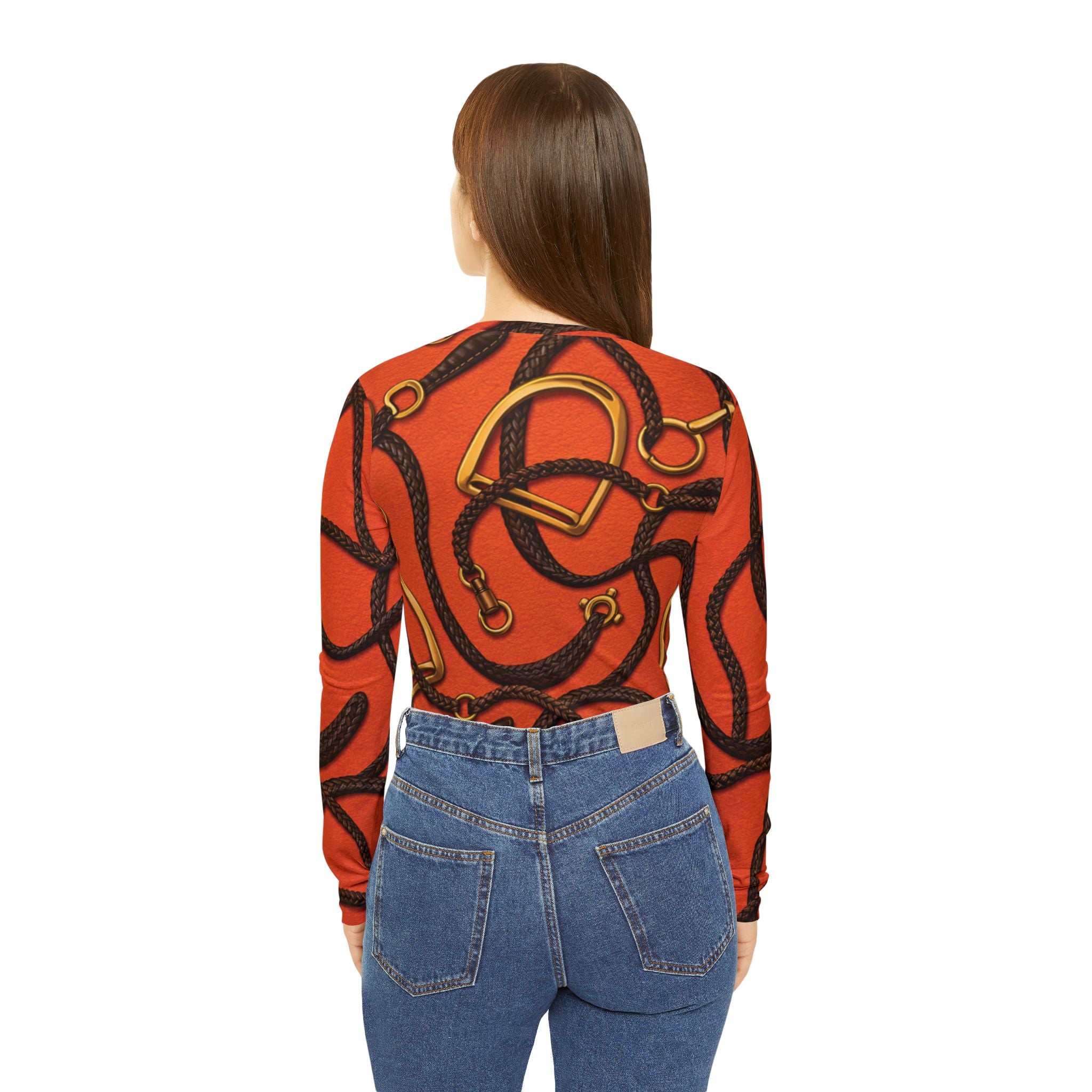 Women's V-Neck Long Sleeve Riding Shirt — Orange Gold and Dark Brown Leather Strap Print