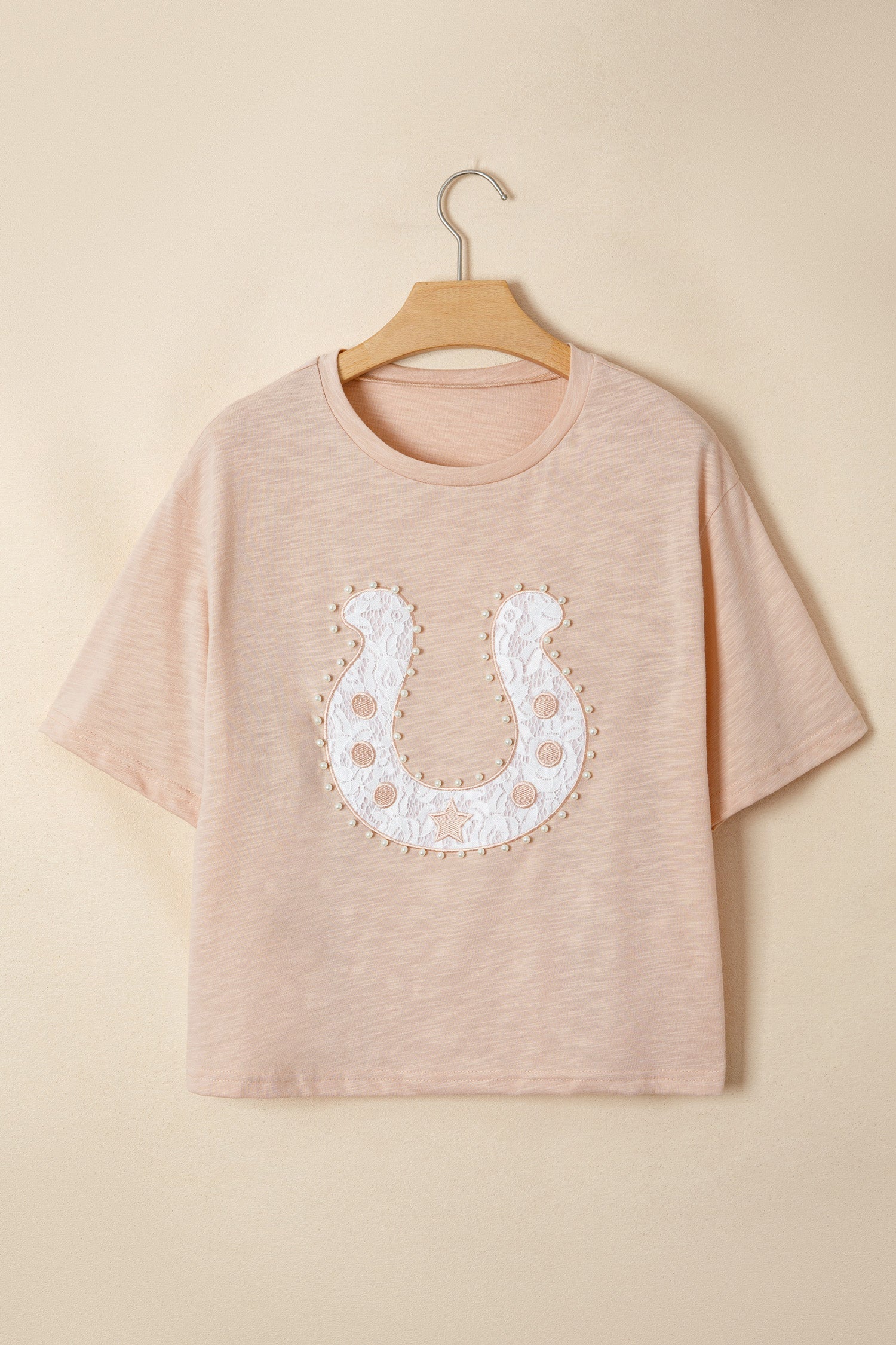Western Lace Pearl Beaded Horse Shoe T-Shirt