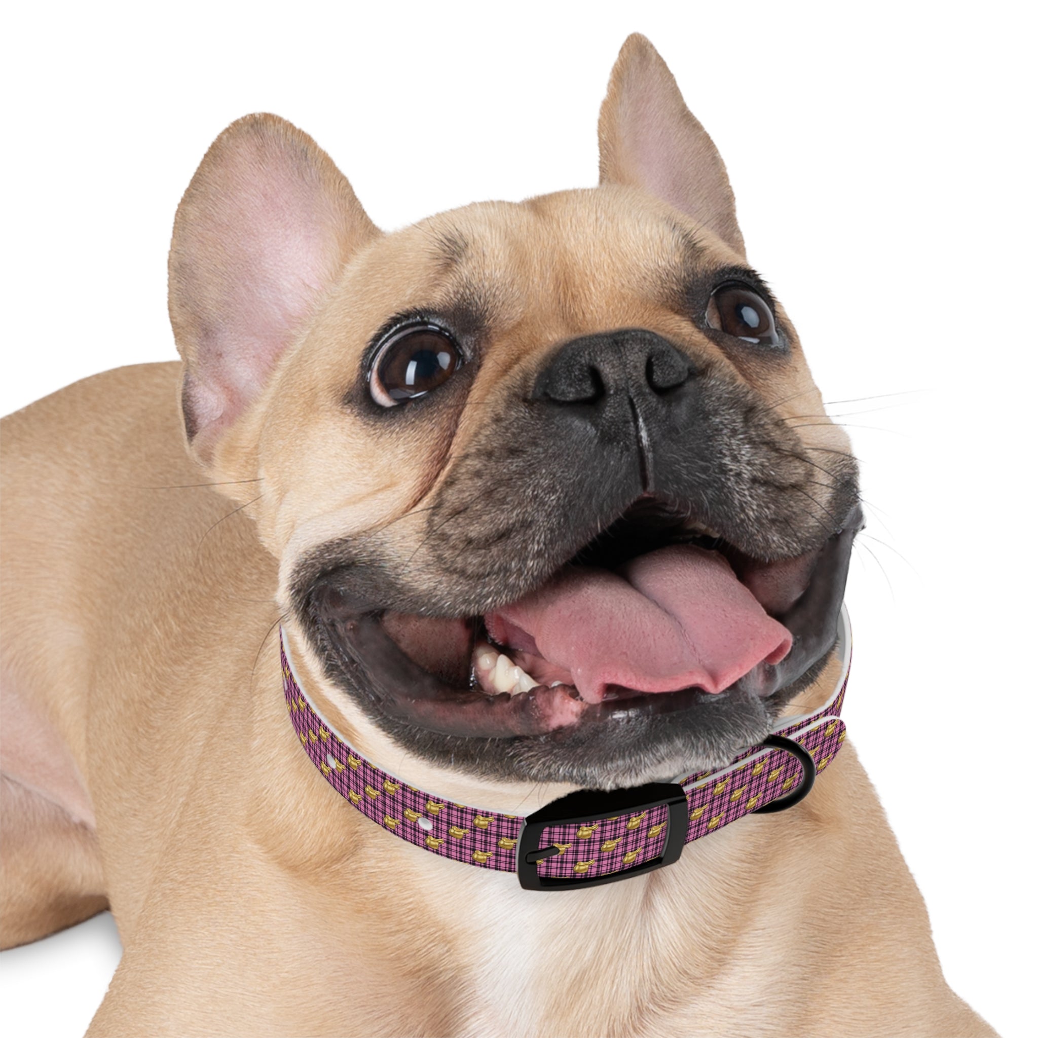 Pink Plaid Dog Collar with Tiny Gold Saddle Pattern