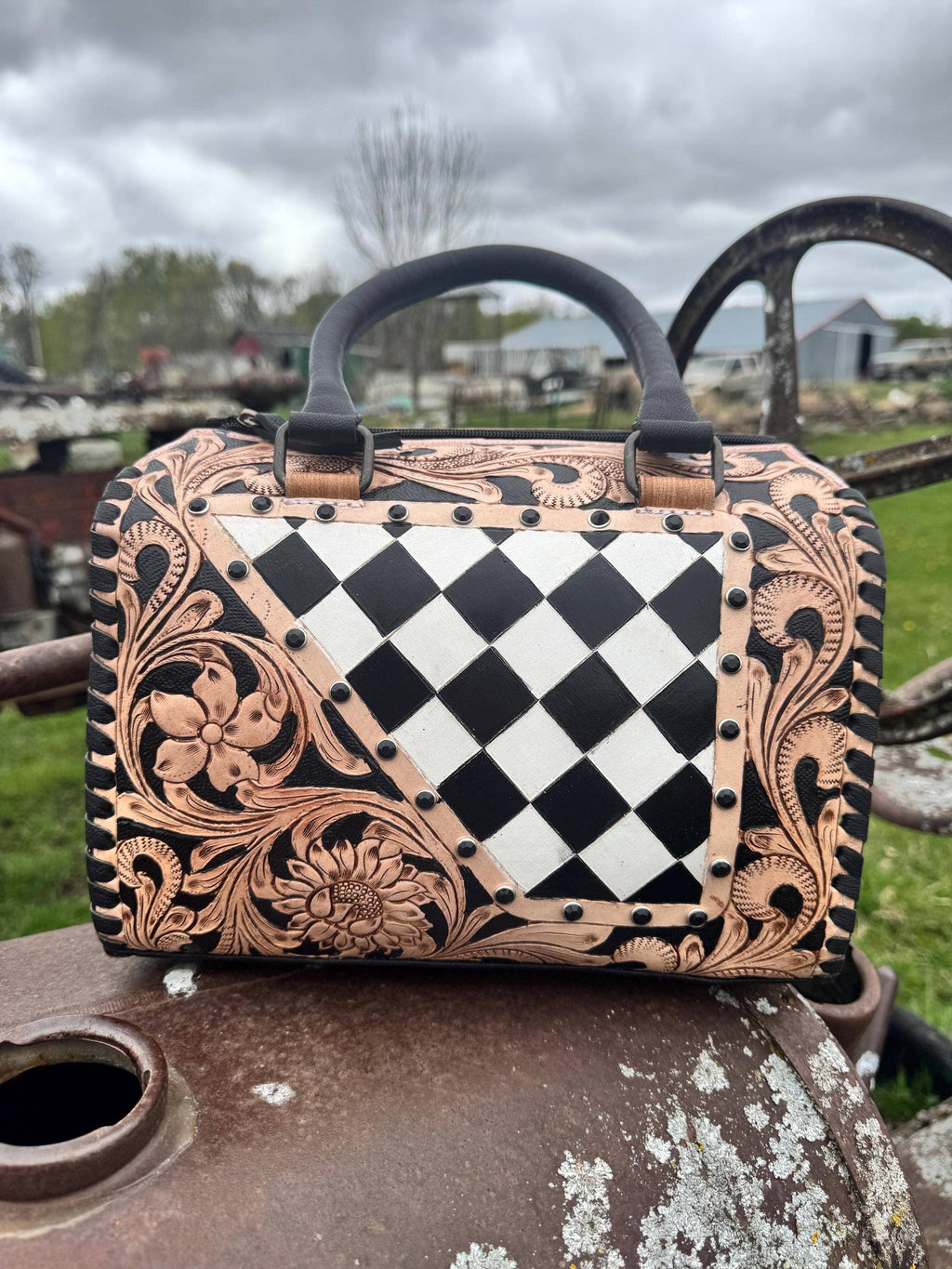 Luxe Tooled Leather Starry Night Rhinestone Stud Checkered Speedy Bag