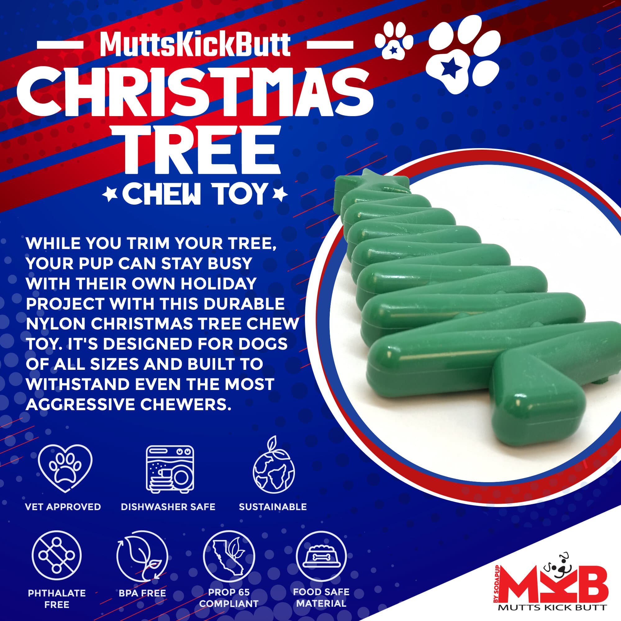 Christmas Tree Nylon Dog Chew Toy For Chewers American Made FDA Compliant
