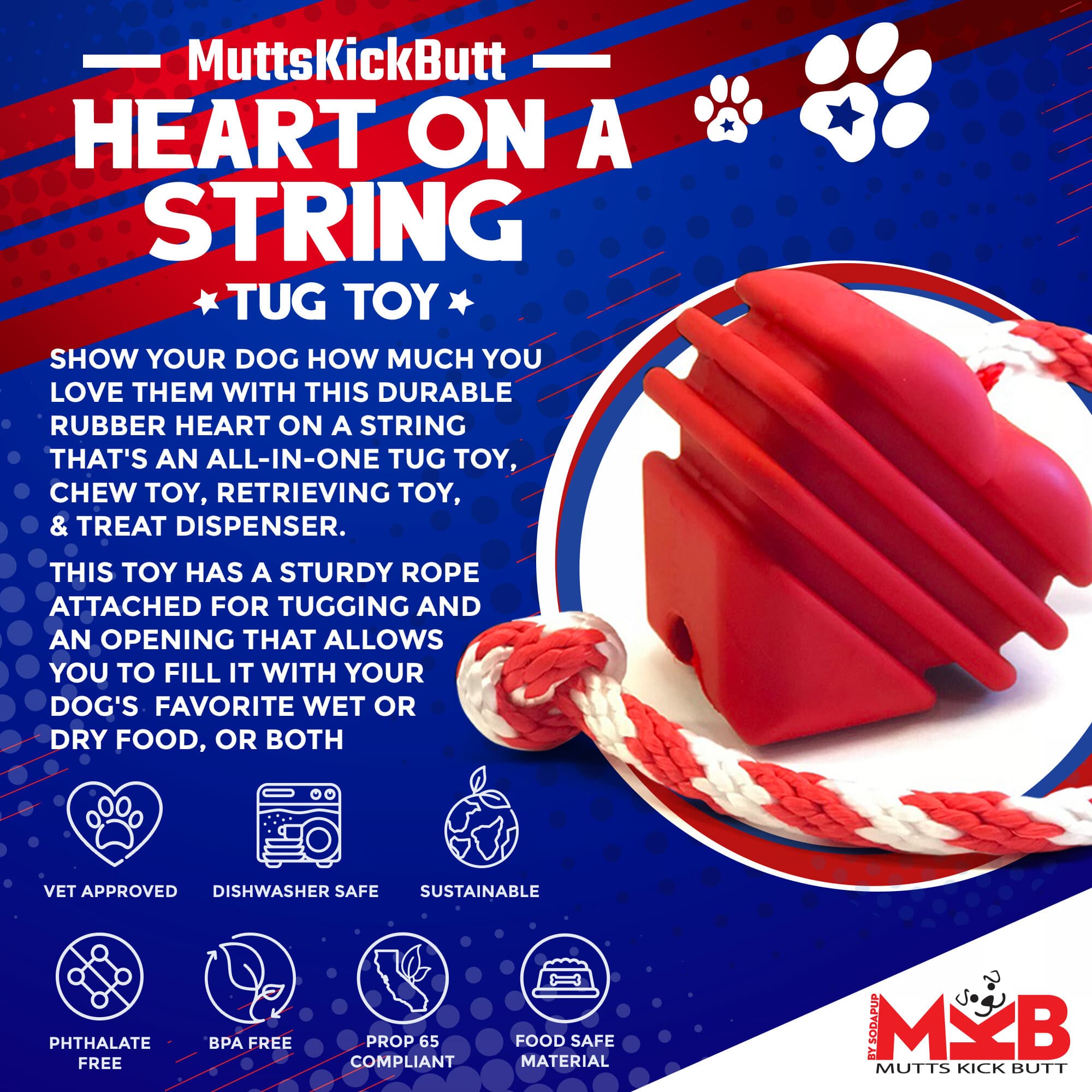 Heart on a String Dog Toy Durable Rubber Tug For Large Dogs HS-01