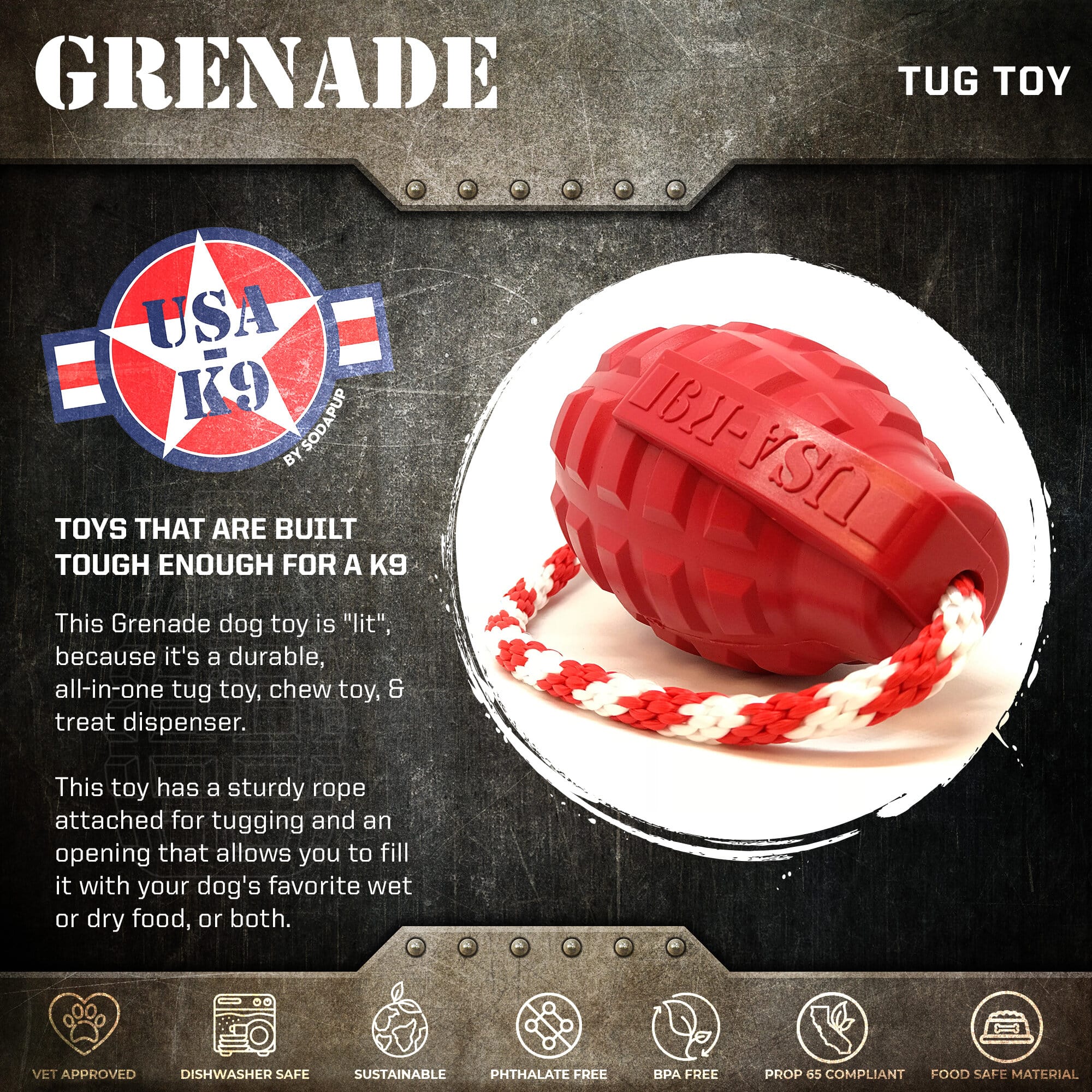 USA-K9 Grenade Rubber Dog Chew Toy For Heavy Chewers