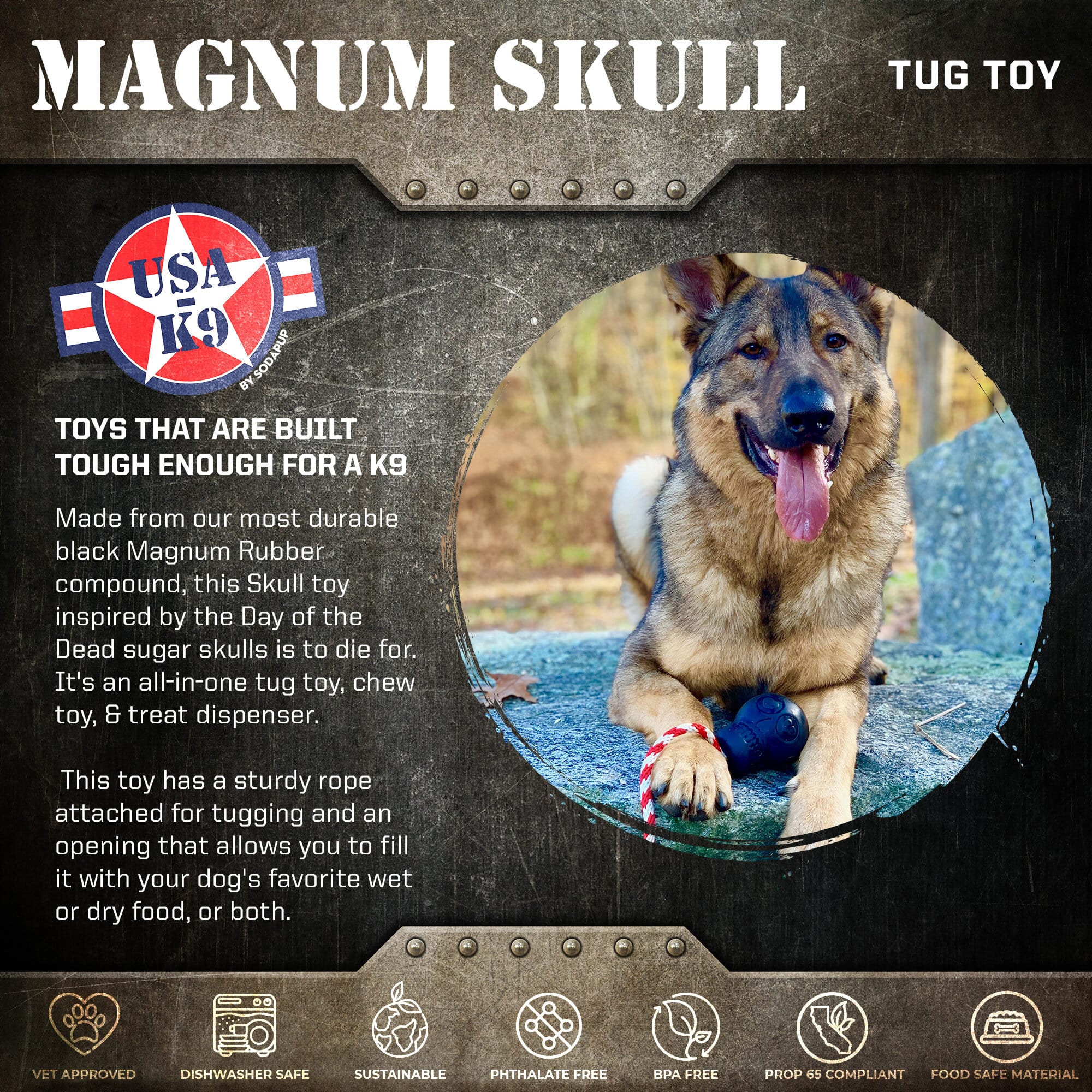 USA-K9 Magnum Skull Black Rubber Chew Toy for Extreme Chewers