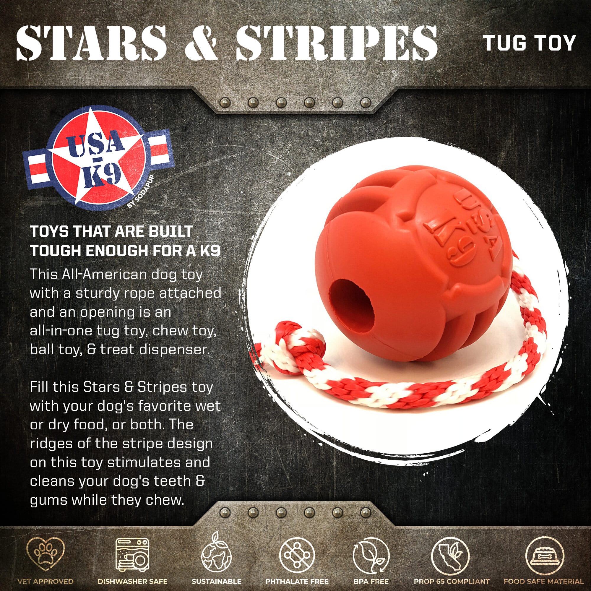 USA-K9 Stars and Stripes Rubber Dog Toy Chew Toy for Heavy Chewers