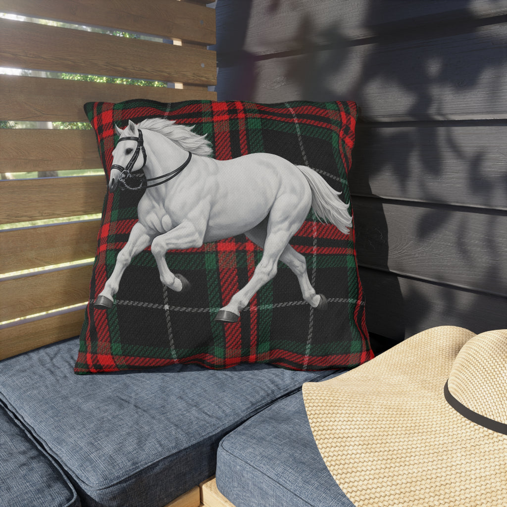 White Horse Plaid Outdoor Pillow  Red and Green Tartan Farmhouse Decor