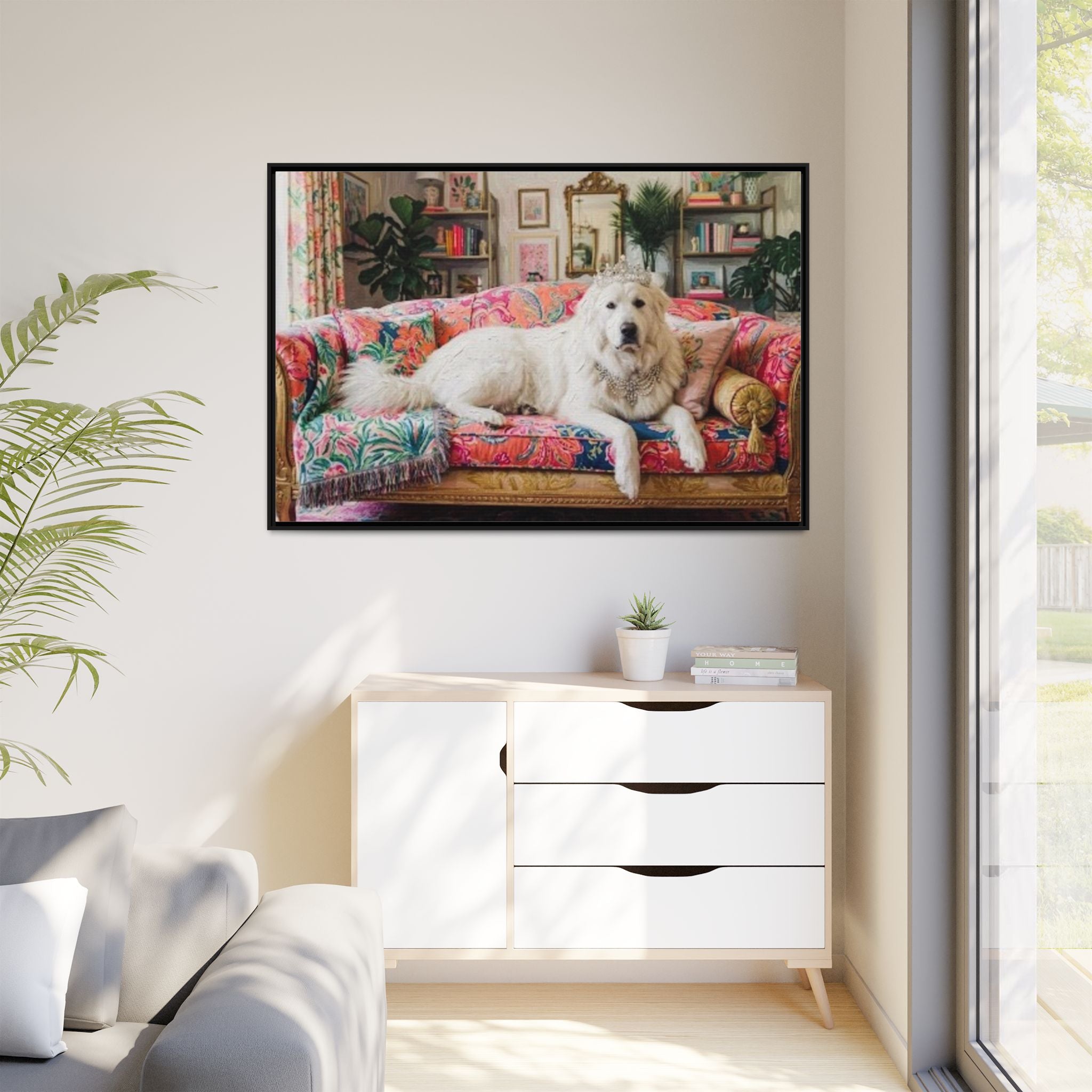 Framed Matte Canvas Regal Great Pyrenees presented in a whimsical lounge