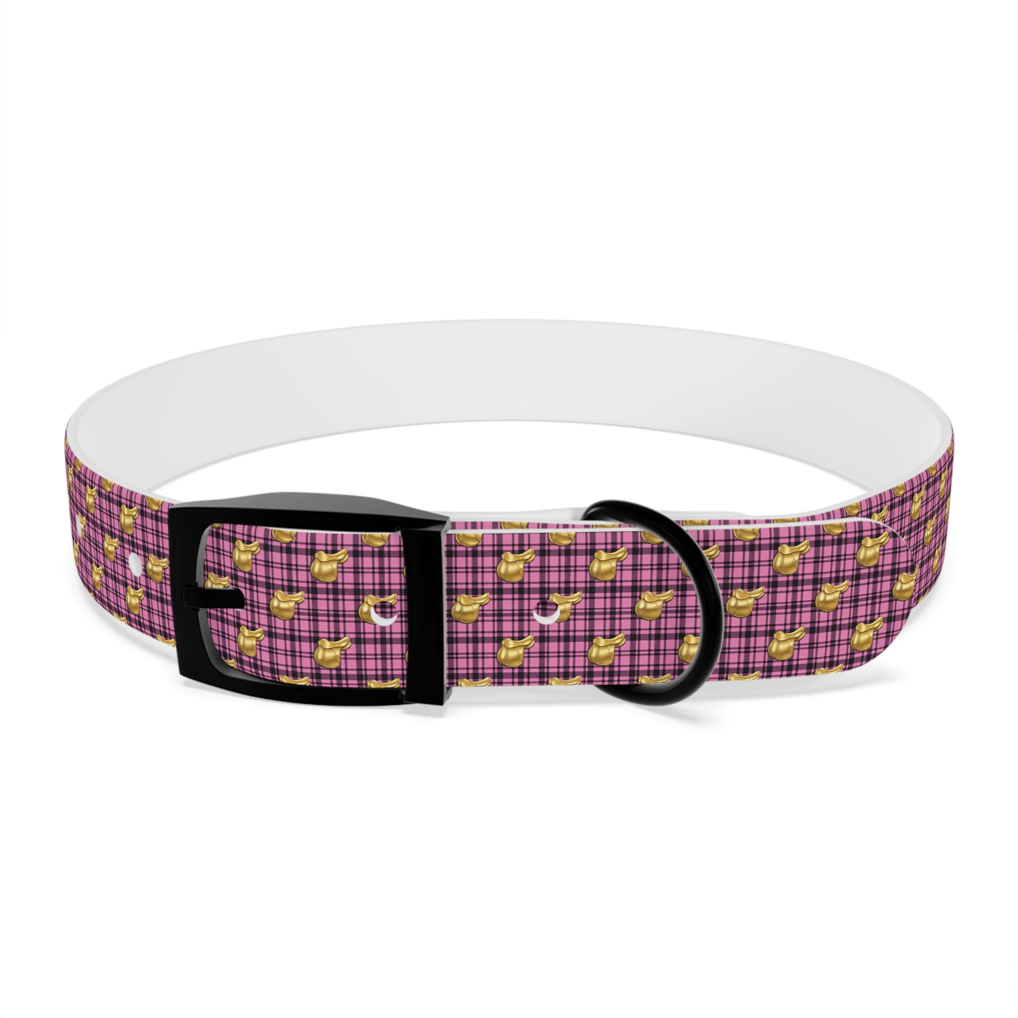 Pink Plaid Dog Collar with Tiny Gold Saddle Pattern