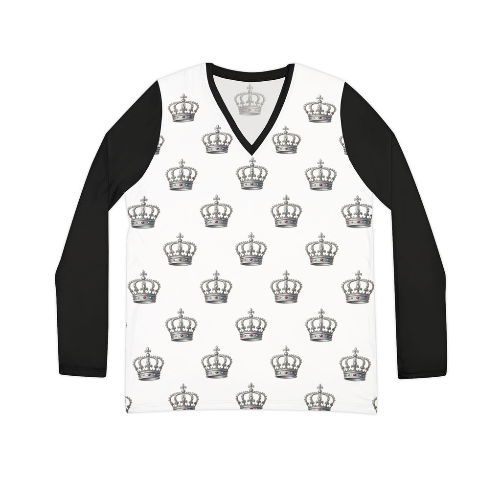 Crown Pattern Dressage Queen V‑Neck Long Sleeve Shirt — Royal Monogram