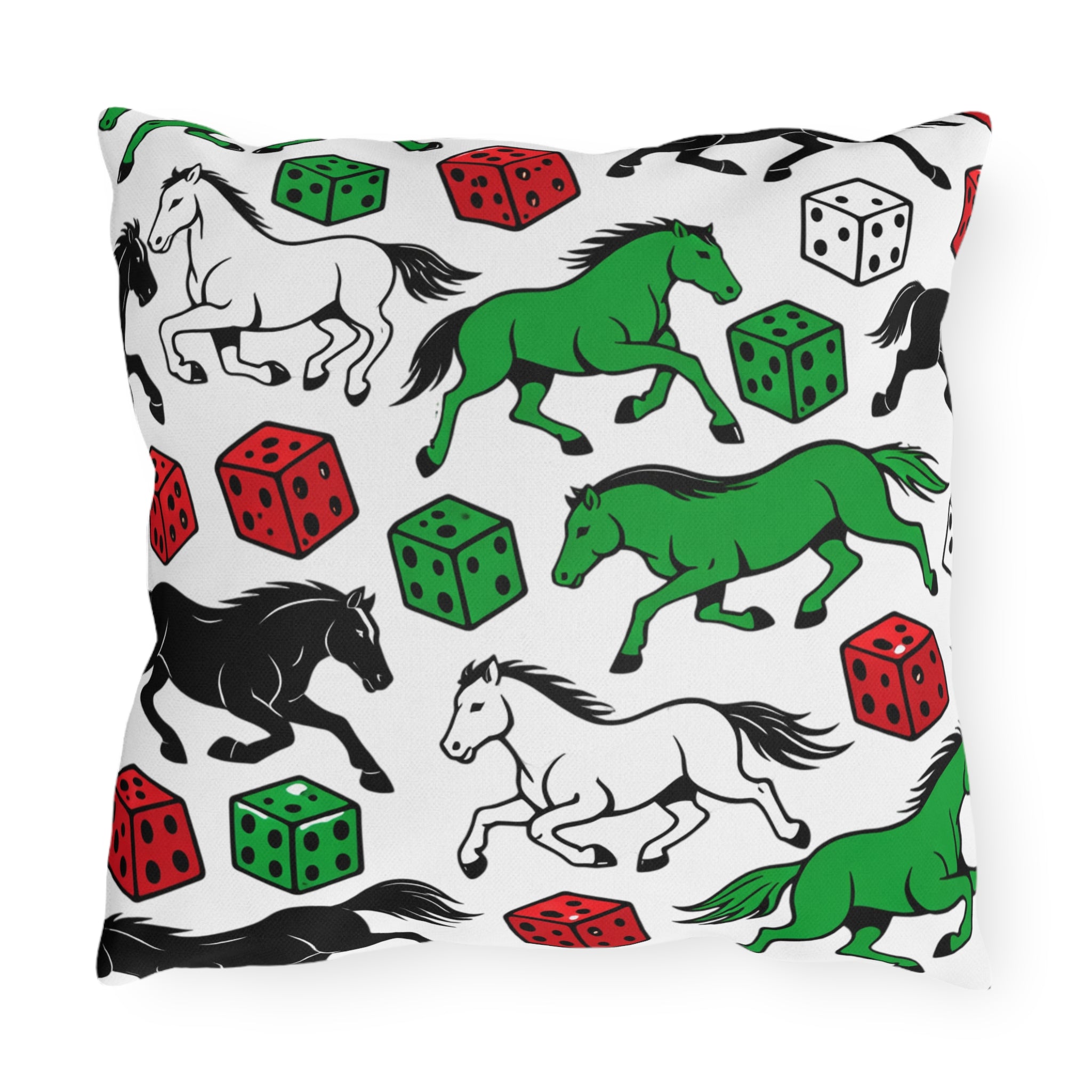 Horse and Dice Outdoor Pillow  Green Black and White Patterned Accent pillow for Patio