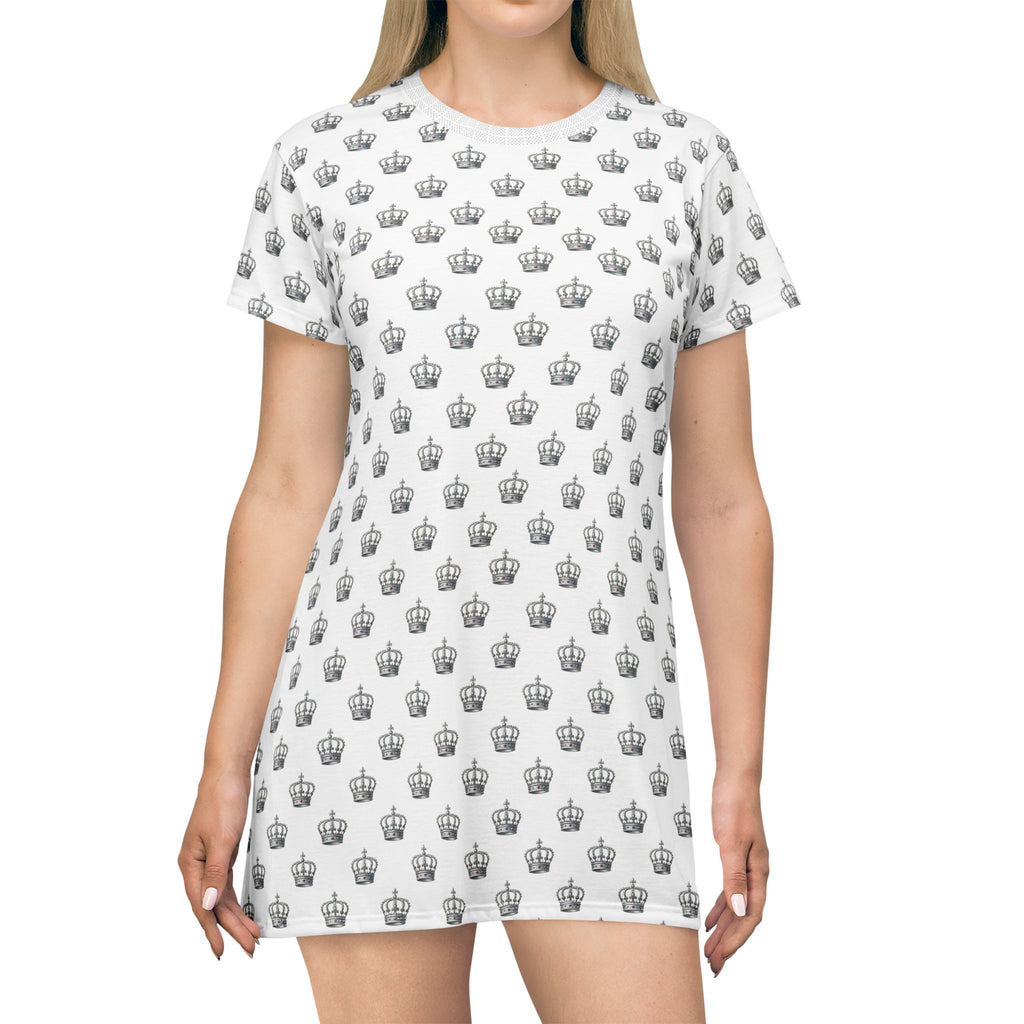 Crown Print T-Shirt Dress — All-Over Patterned Casual Dress