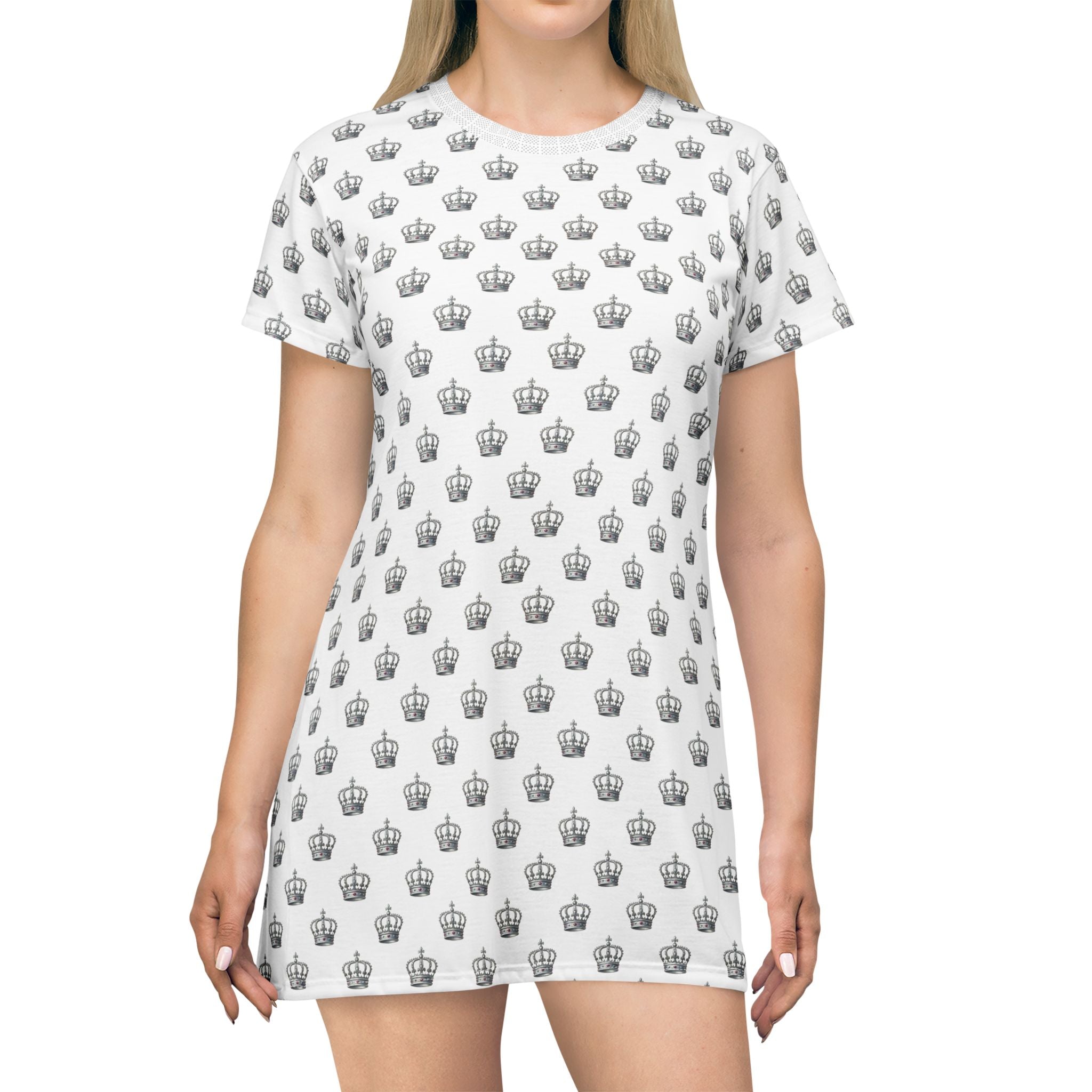 Crown Print T-Shirt Dress — All-Over Patterned Casual Dress