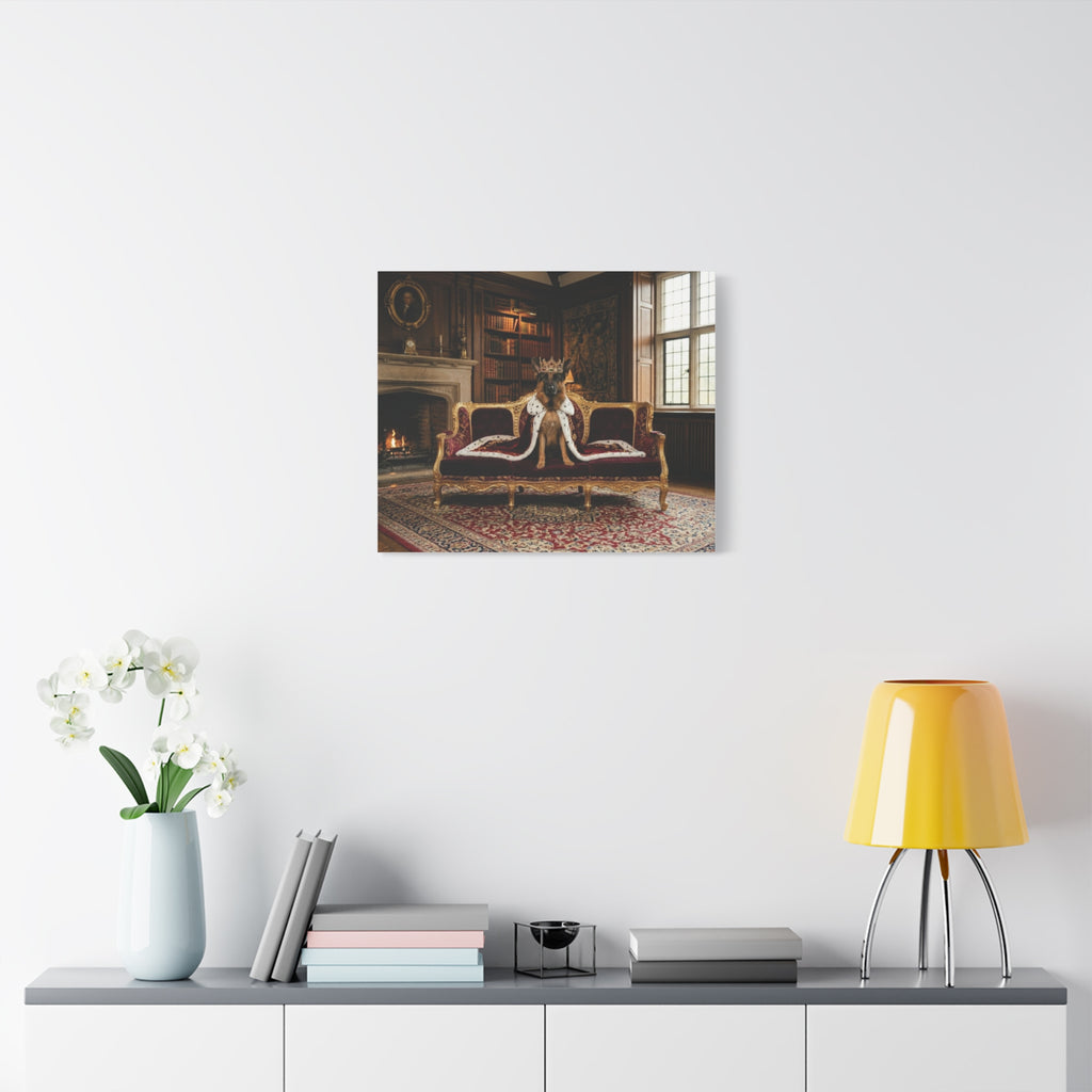 Regal German Shepherd Canvas Wall Art — King Dog on Fancy Sofa Matte Stretched Print