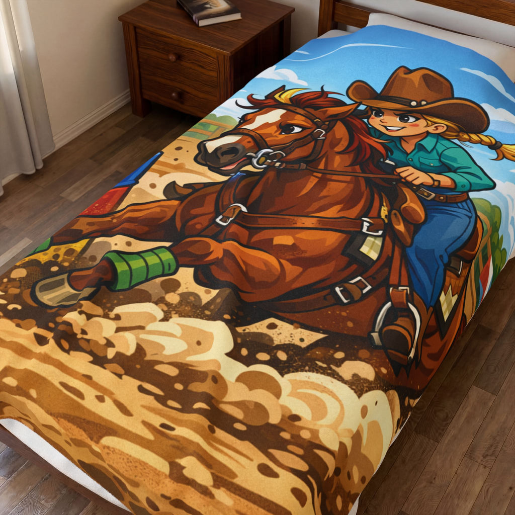 Cartoon Barrel Racing Horse Velveteen Plush Blanket — Rodeo Cow Girl Throw
