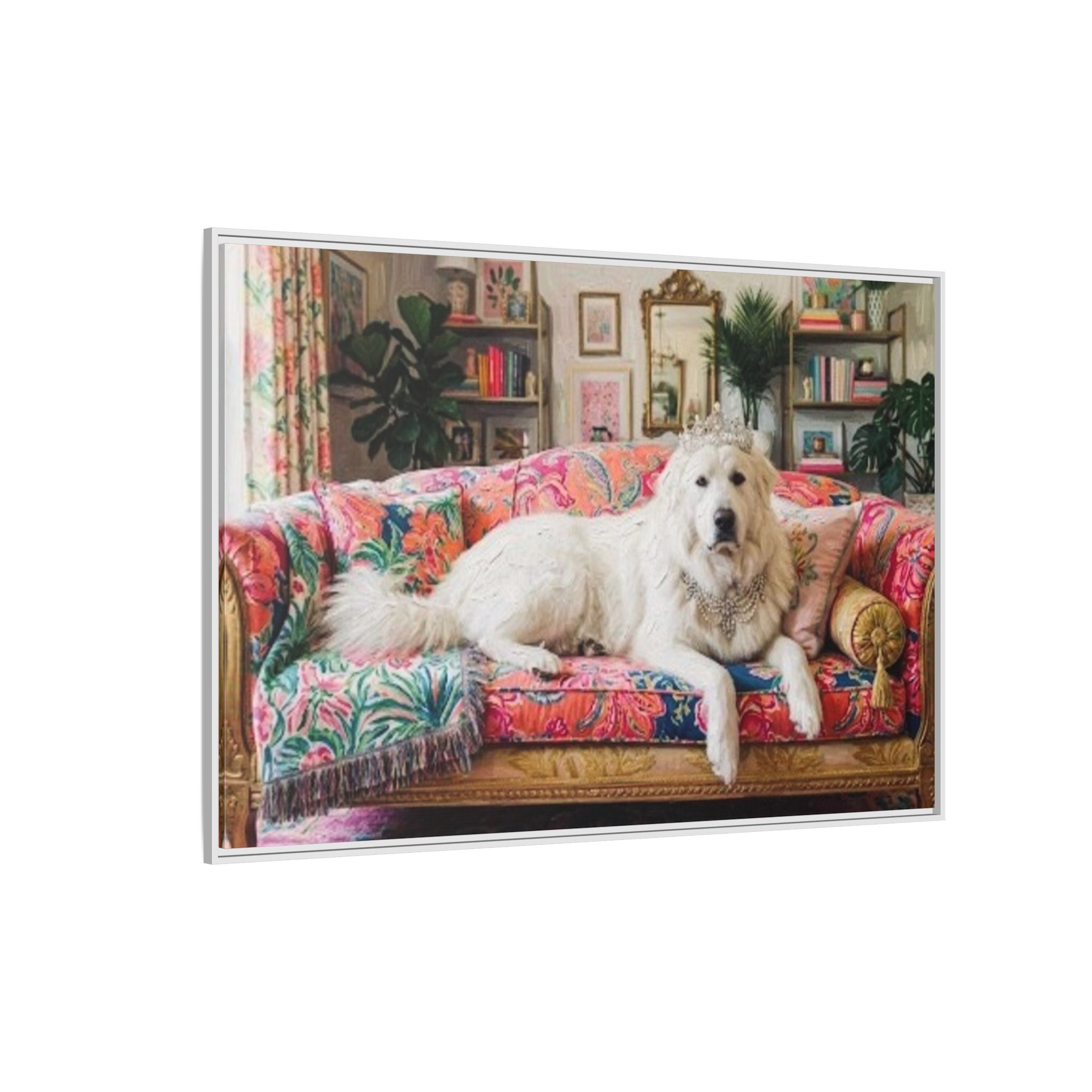 Framed Matte Canvas Regal Great Pyrenees presented in a whimsical lounge