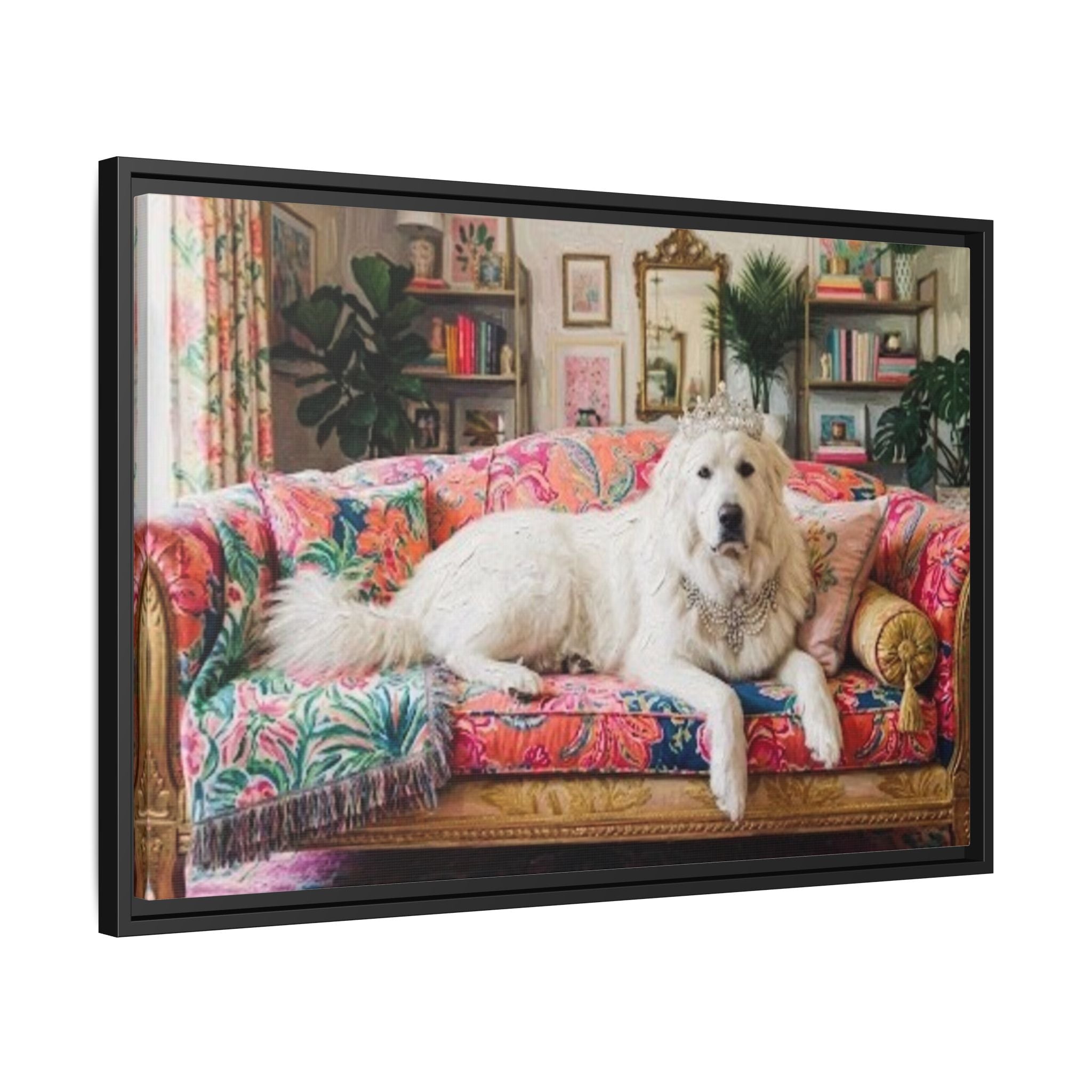 Framed Matte Canvas Regal Great Pyrenees presented in a whimsical lounge