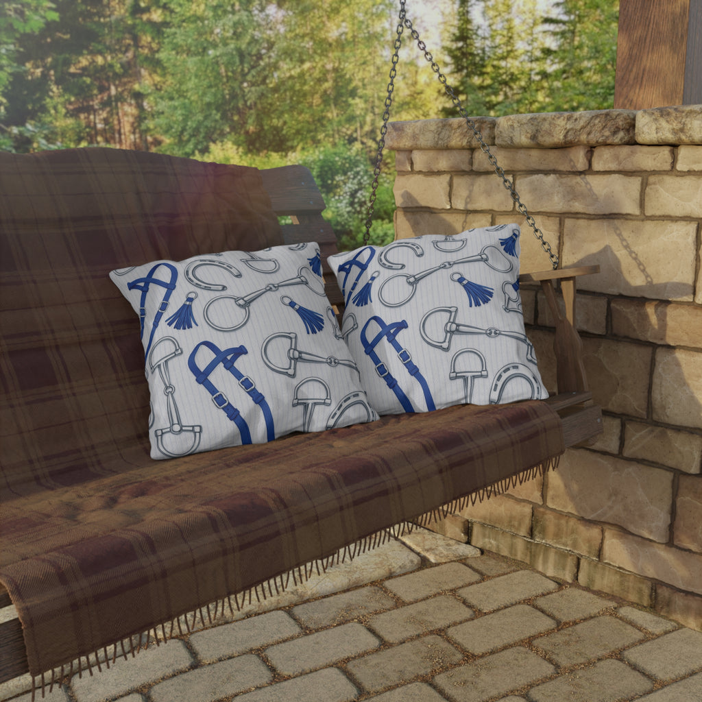 Equestrian Bits and Bridle Outdoor Pillow  Blue Horse Tack Pattern