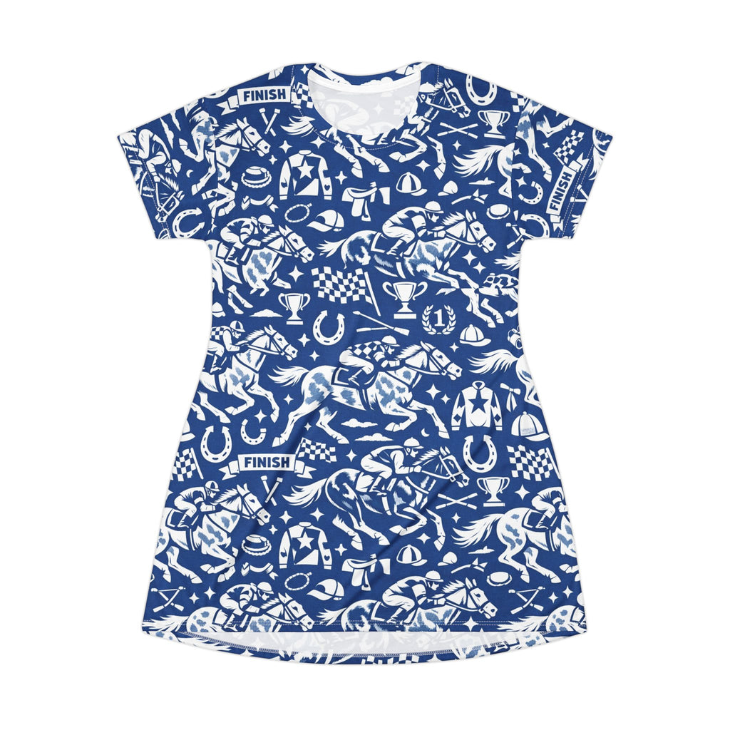 Equestrian horse racing Pattern T‑Shirt Dress — Blue Horse Racing Print