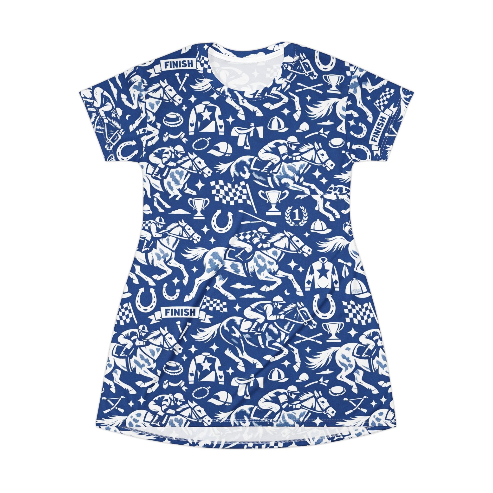 Equestrian horse racing Pattern T‑Shirt Dress — Blue Horse Racing Print