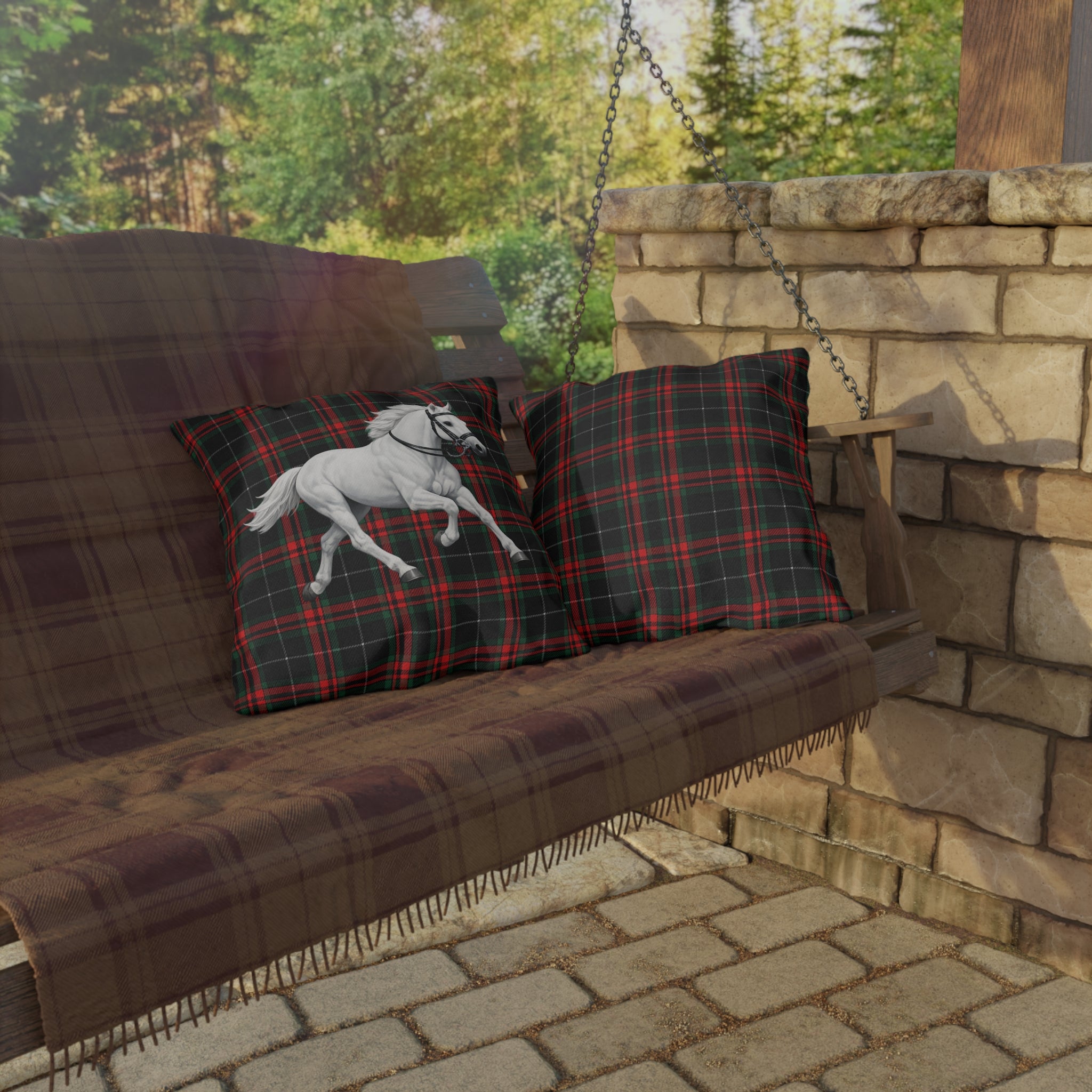 White Horse on Red and Black Tartan Outdoor Pillow