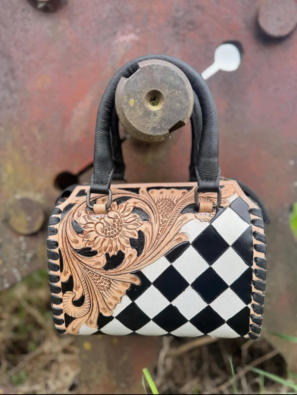 Luxe Tooled Leather Midnight Rhinestone Stud Checkered Speedy Bag
