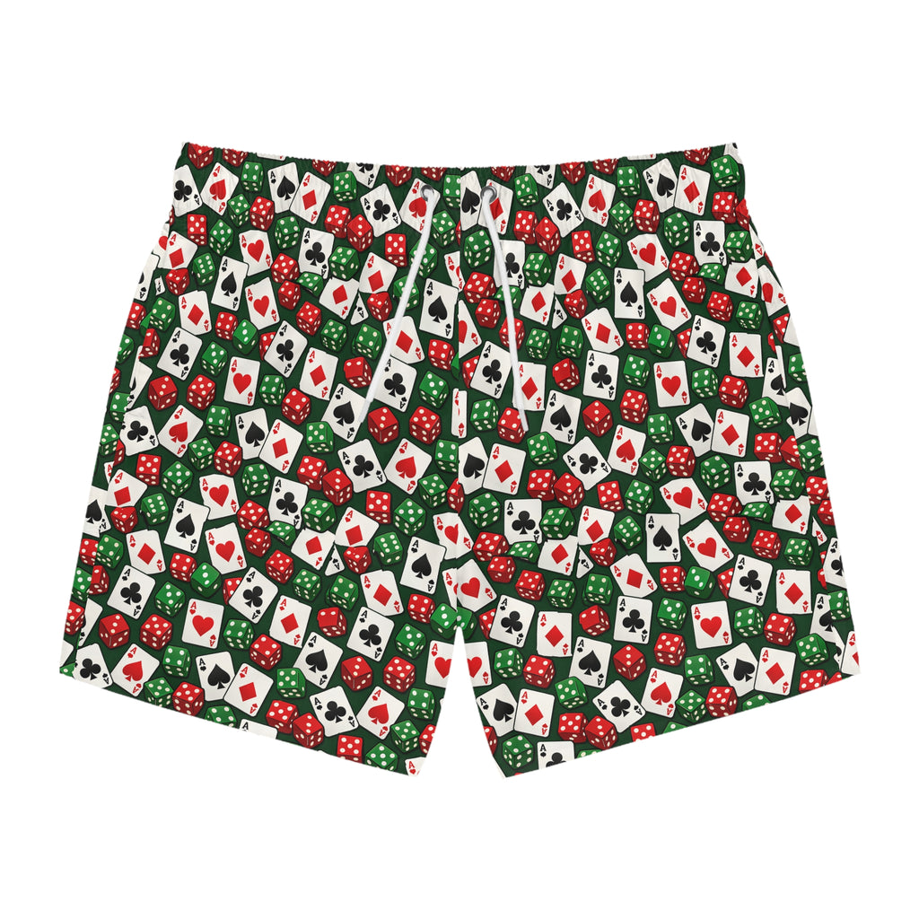 Casino Poker Dice Pattern Swim Trunks — Aces Cards and Dice All Over Print