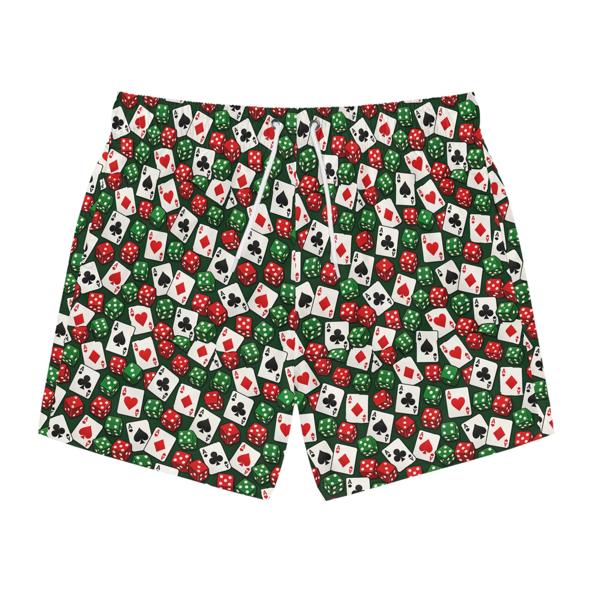 Casino Poker Dice Pattern Swim Trunks — Aces Cards and Dice All Over Print