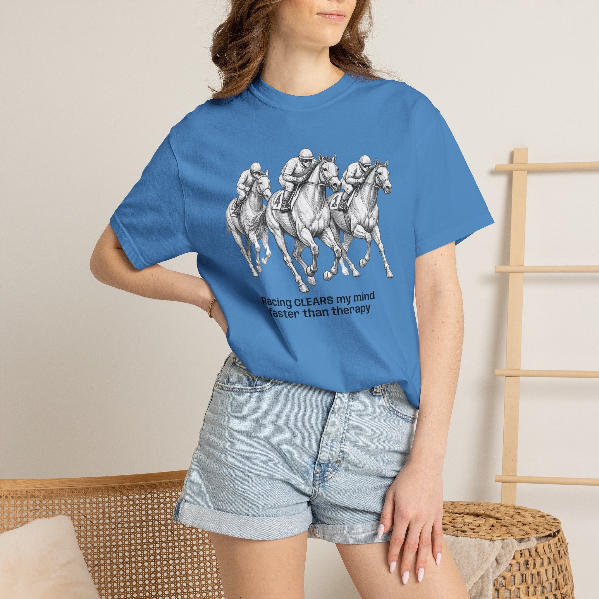 Horse Racing T-Shirt — "Racing CLEARS my mind faster than therapy" Graphic Tee