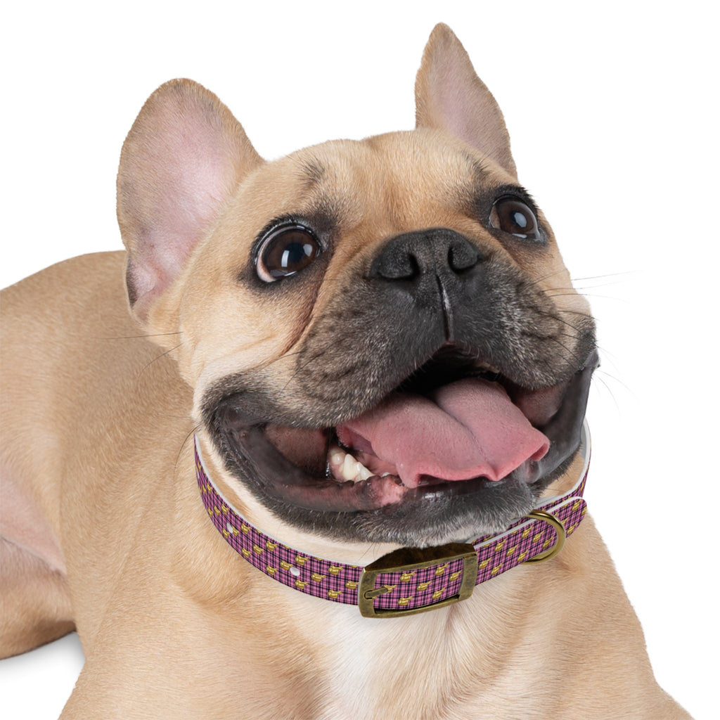 Pink Plaid Dog Collar with Tiny Gold Saddle Pattern
