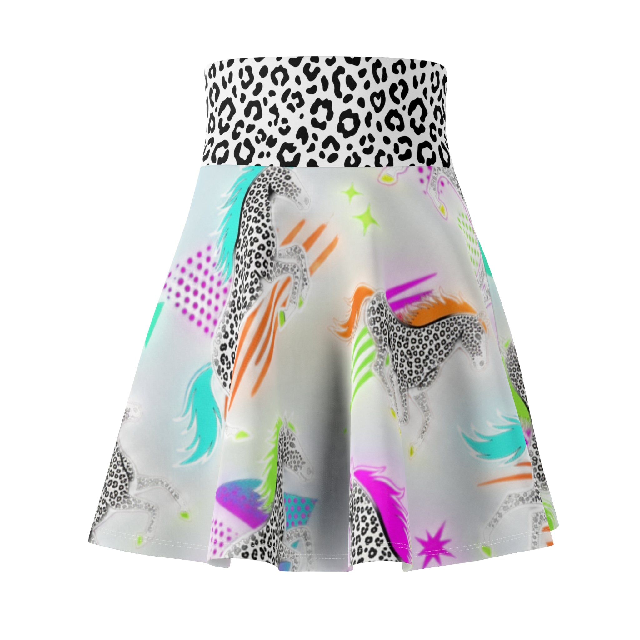 Neon Snow Leopard Horse Print Skater Skirt — Leopard Waistband, Retro 80s Rainbow Horse Vibe