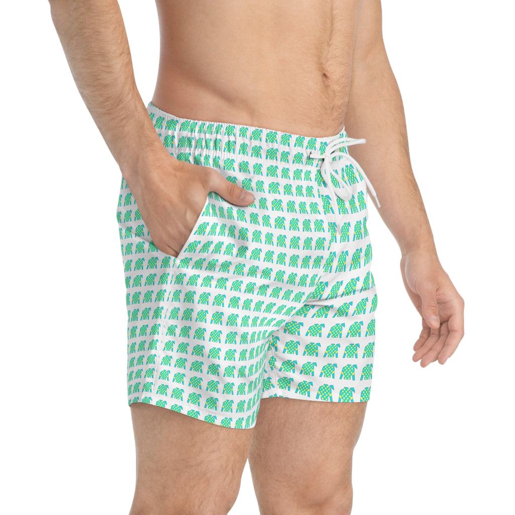 Jockey Silks Pattern Swim Trunks — Tropical All-Over Print Beach Shorts