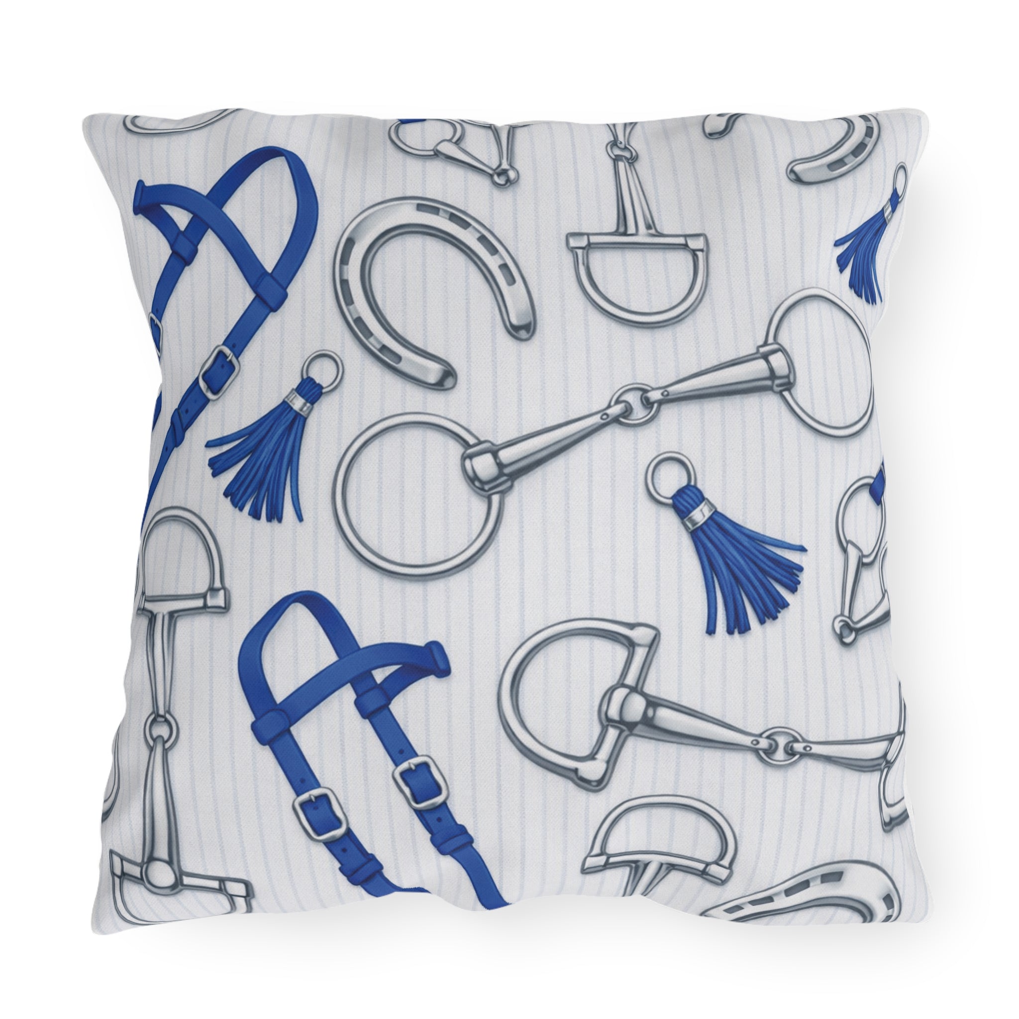 Equestrian Bits and Bridle Outdoor Pillow  Blue Horse Tack Pattern