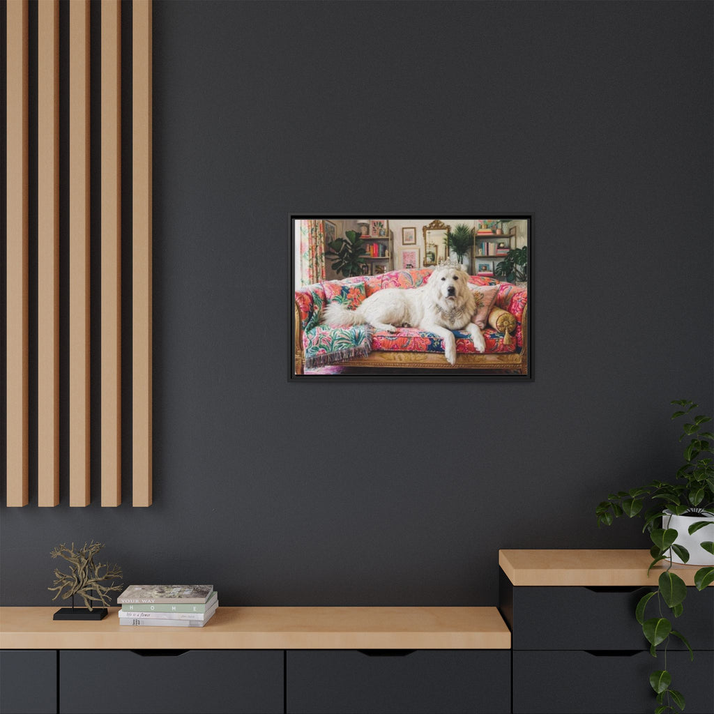 Framed Matte Canvas Regal Great Pyrenees presented in a whimsical lounge