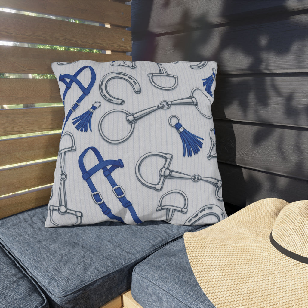 Equestrian Bits and Bridle Outdoor Pillow  Blue Horse Tack Pattern