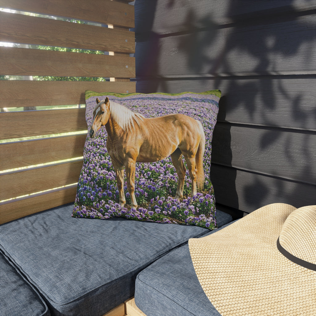 Horse in Lavender Field Outdoor Pillow  Floral Farmhouse Patio Decor