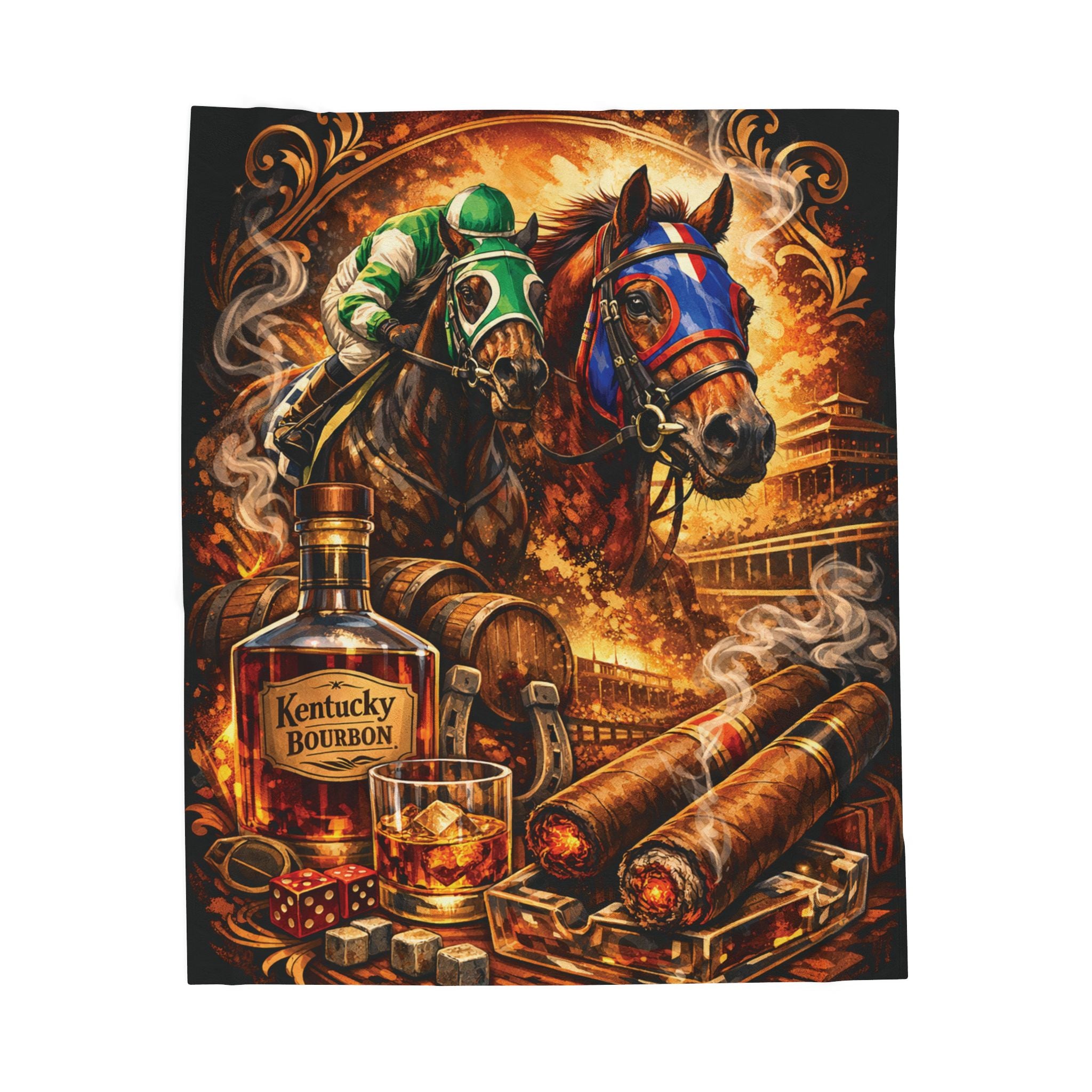 Horse Racing Bourbon and Cigars Velveteen Plush Blanket