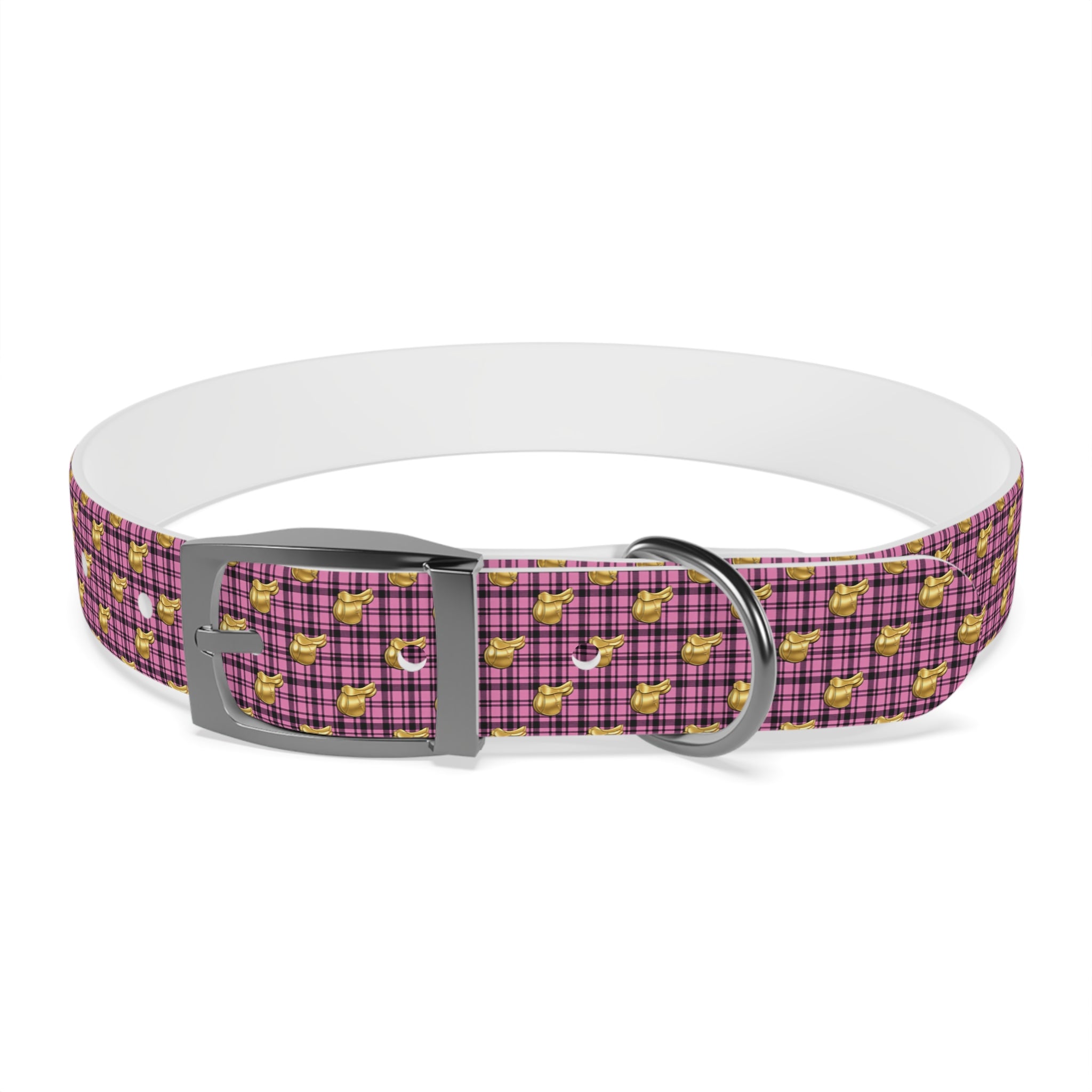 Pink Plaid Dog Collar with Tiny Gold Saddle Pattern