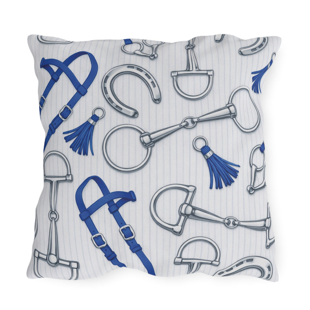 Equestrian Bits and Bridle Outdoor Pillow  Blue Horse Tack Pattern