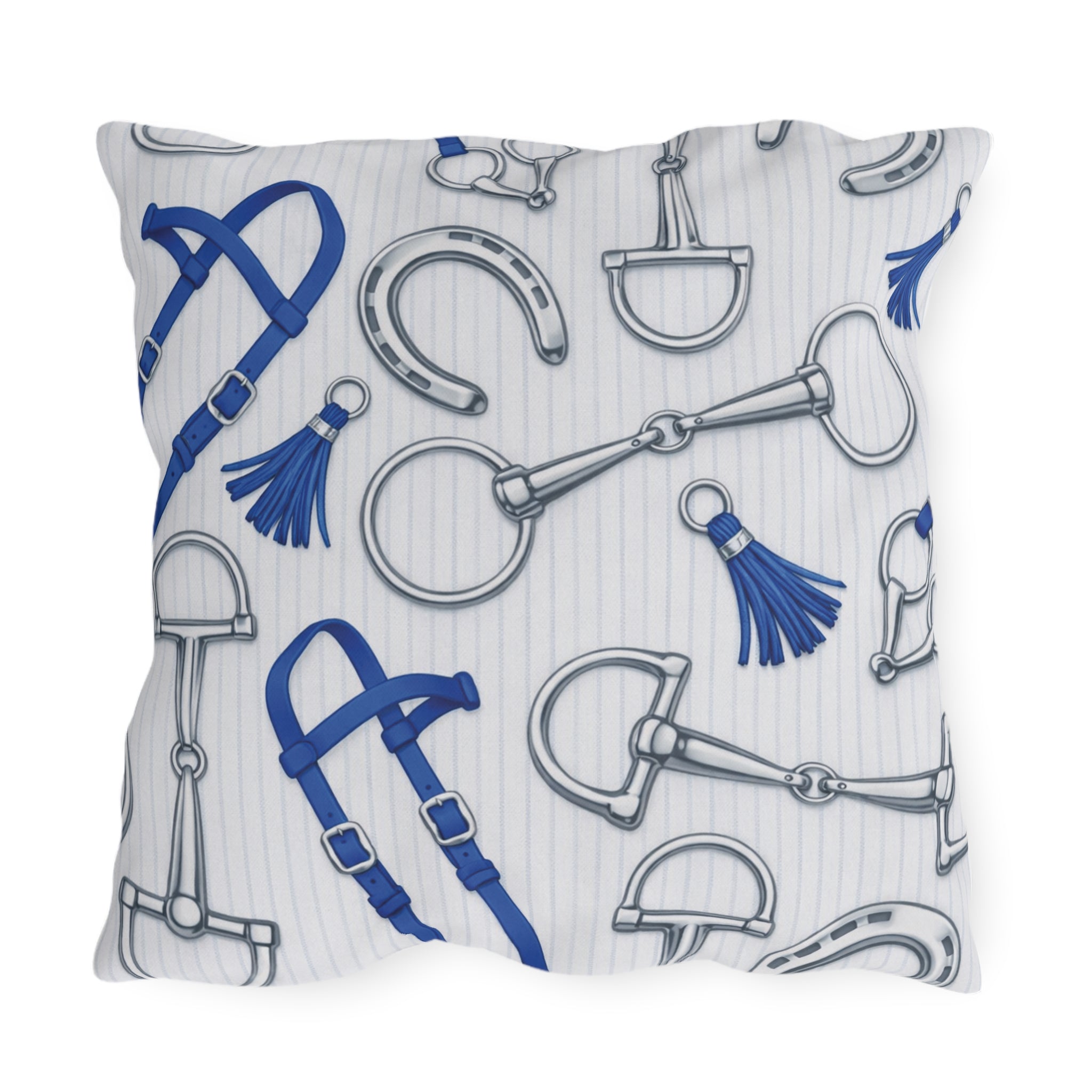 Equestrian Bits and Bridle Outdoor Pillow  Blue Horse Tack Pattern